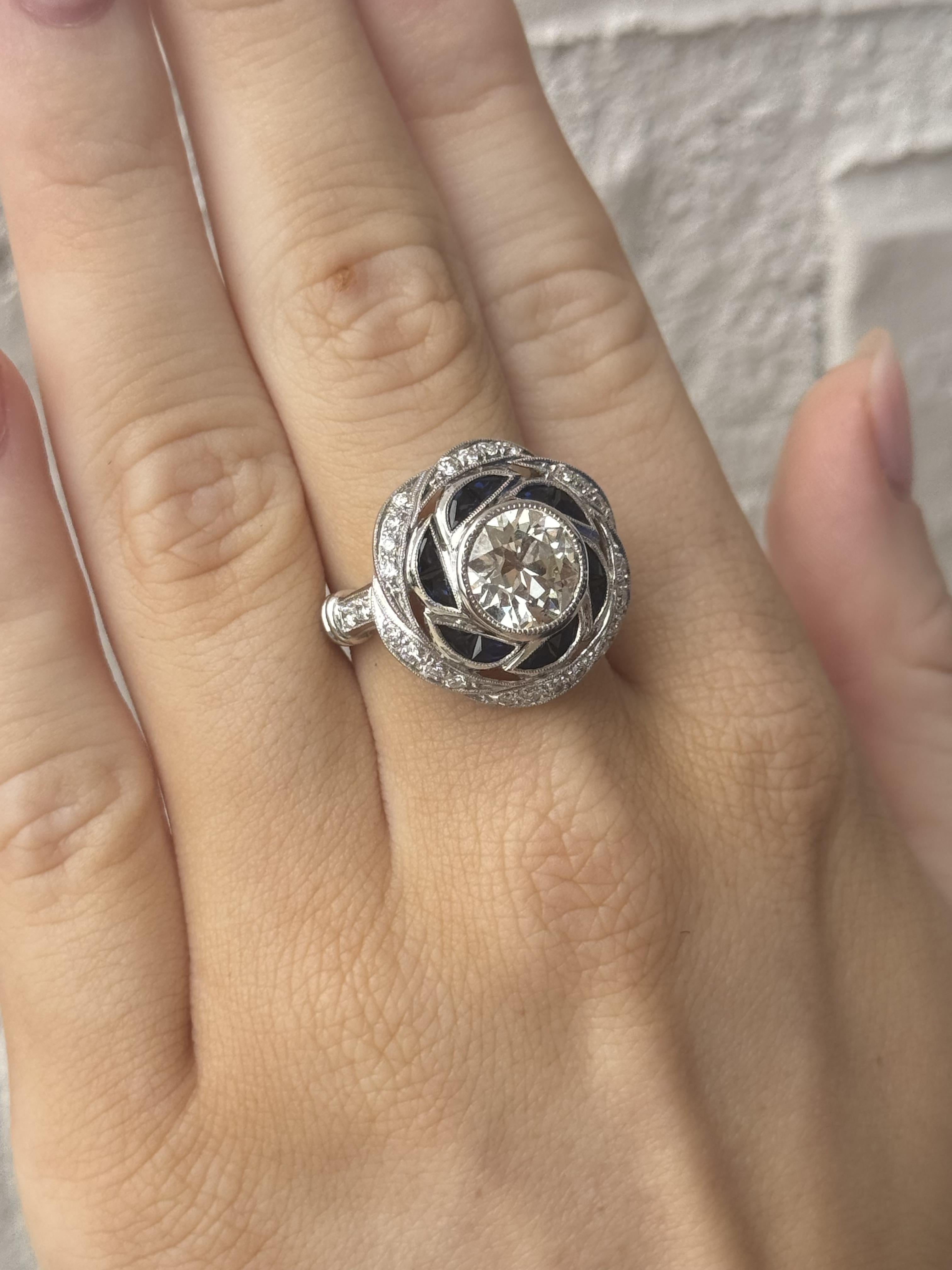 Vintage Art Deco Style 2.06 Carat Old European Cut Diamond and Sapphire Ring In Excellent Condition For Sale In Montgomery, AL