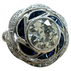 Vintage Art Deco Style 2.06 Carat Old European Cut Diamond and Sapphire Ring