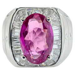 Anello vistoso in stile Art Déco vintage con zaffiro rosa ovale da 2,94 carati e diamanti, in oro bianco 18 carati