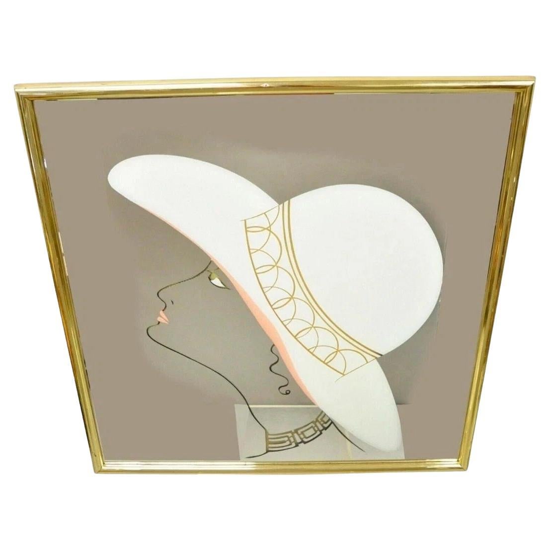 Vintage Art Deco Style 38" Square Art Wandspiegel mit Vogue Frau in Hut im Angebot