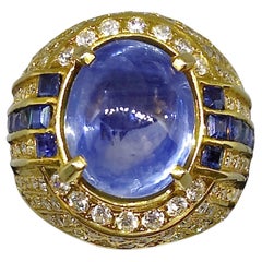 Vintage Art Deco Style 8.82ct Cabochon Blue Sapphire Diamond 20K Men's Gold Ring