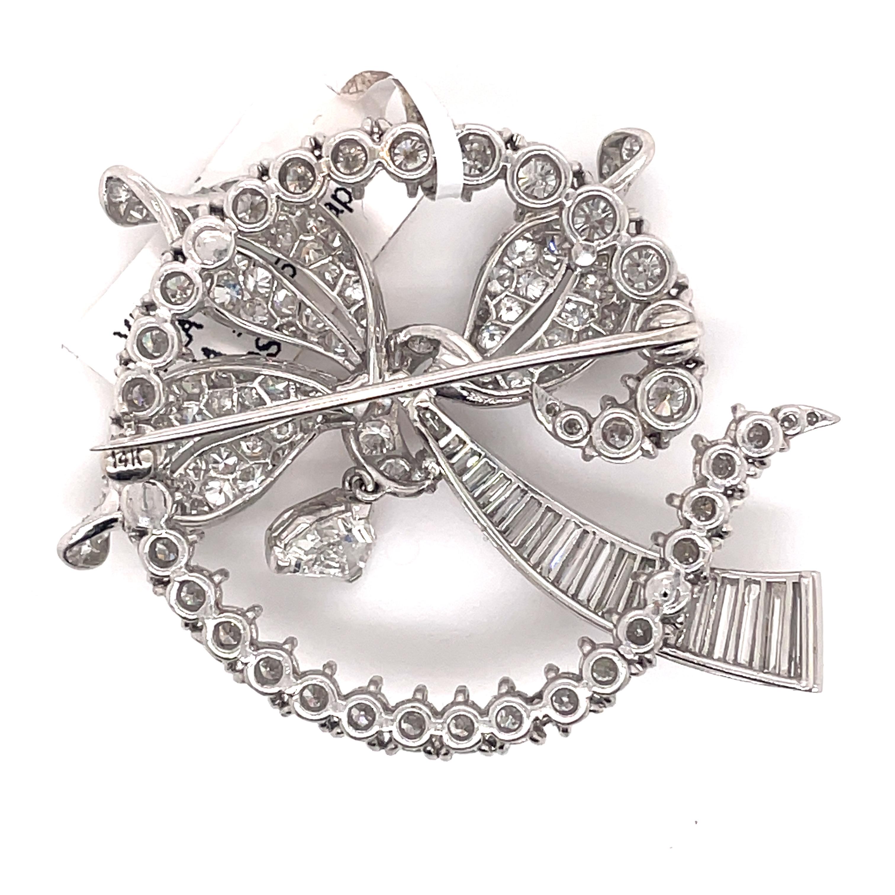 Vintage Art Deco Style 9.35ct Diamond Bow Brooch Platinum In New Condition For Sale In BEVERLY HILLS, CA