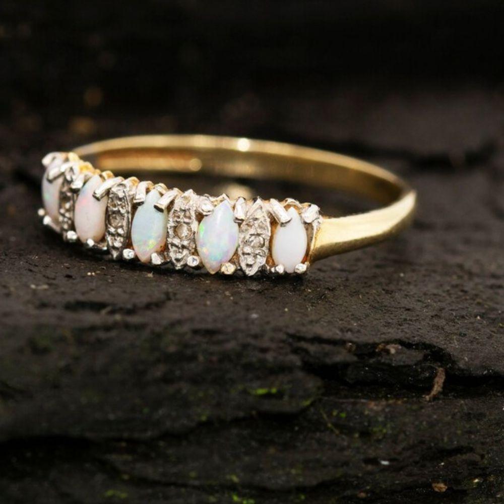 Baguette Cut Vintage Art Deco Style 9ct Gold Opal & Diamond Ring