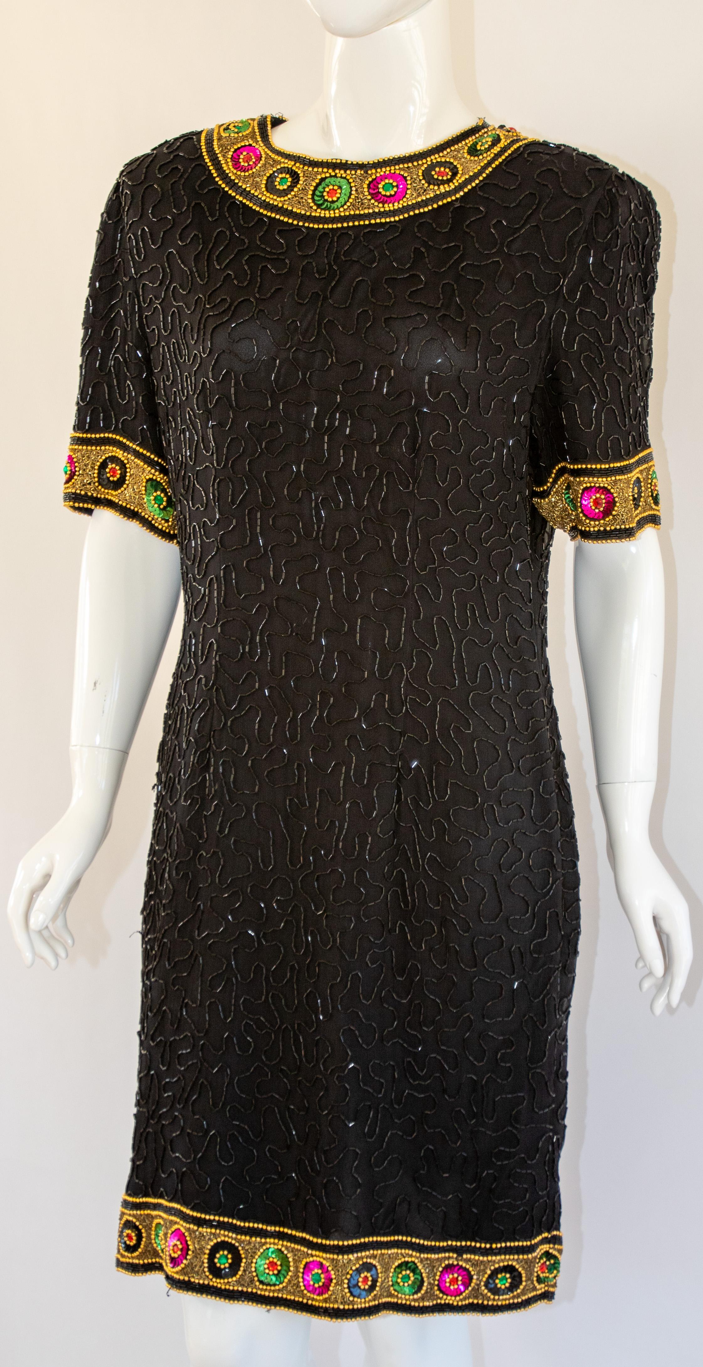 Vintage Art Deco Style Beaded Mini Dress Black and Gold For Sale 3