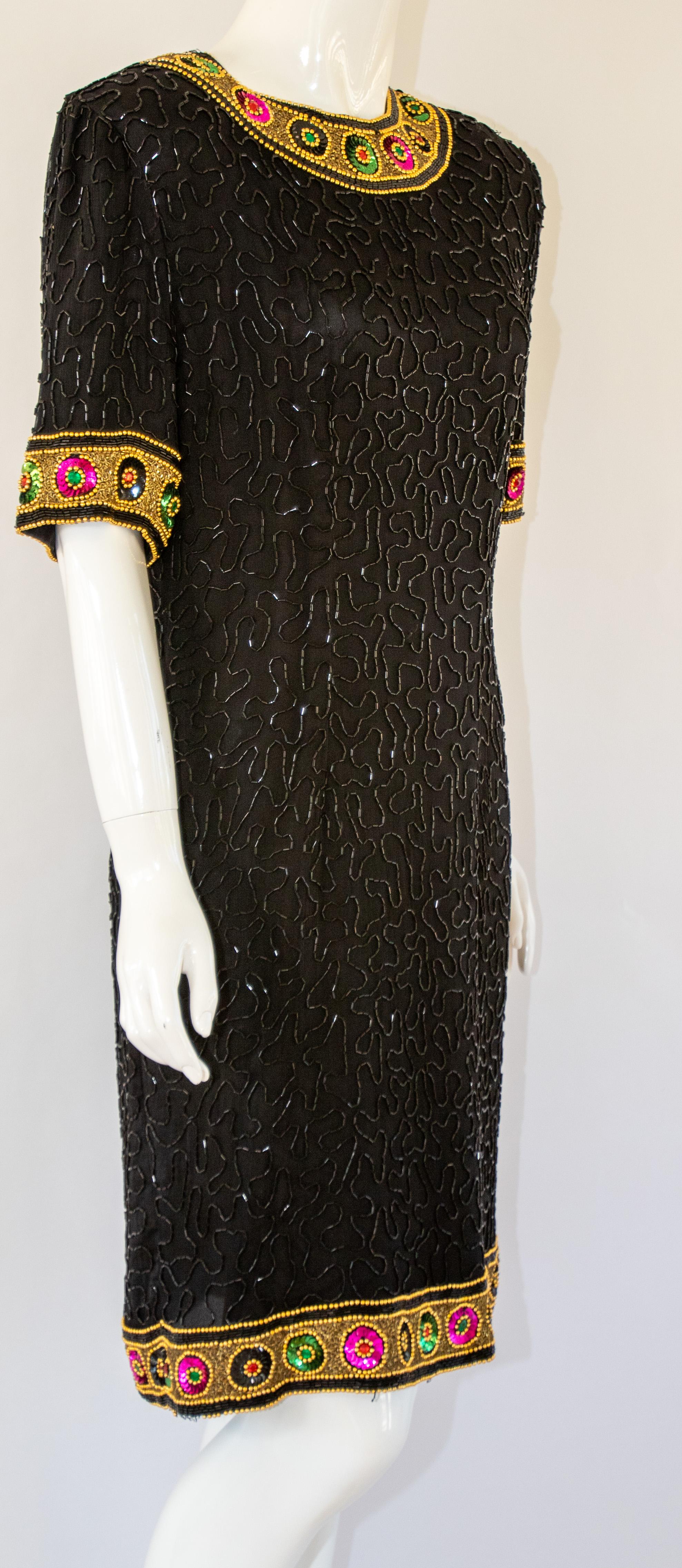 Vintage Art Deco Style Beaded Mini Dress Black and Gold For Sale 4