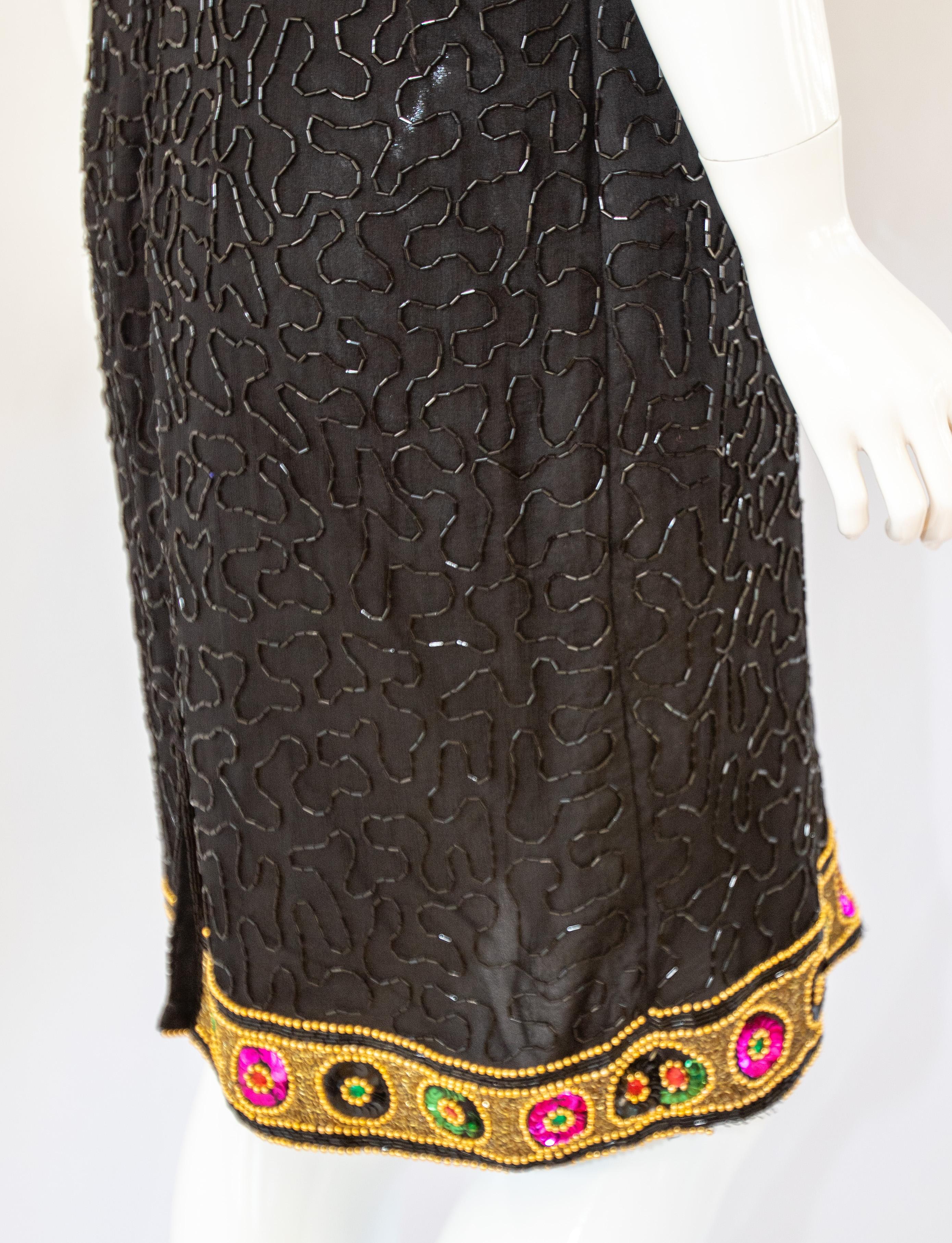 Vintage Art Deco Style Beaded Mini Dress Black and Gold For Sale 7