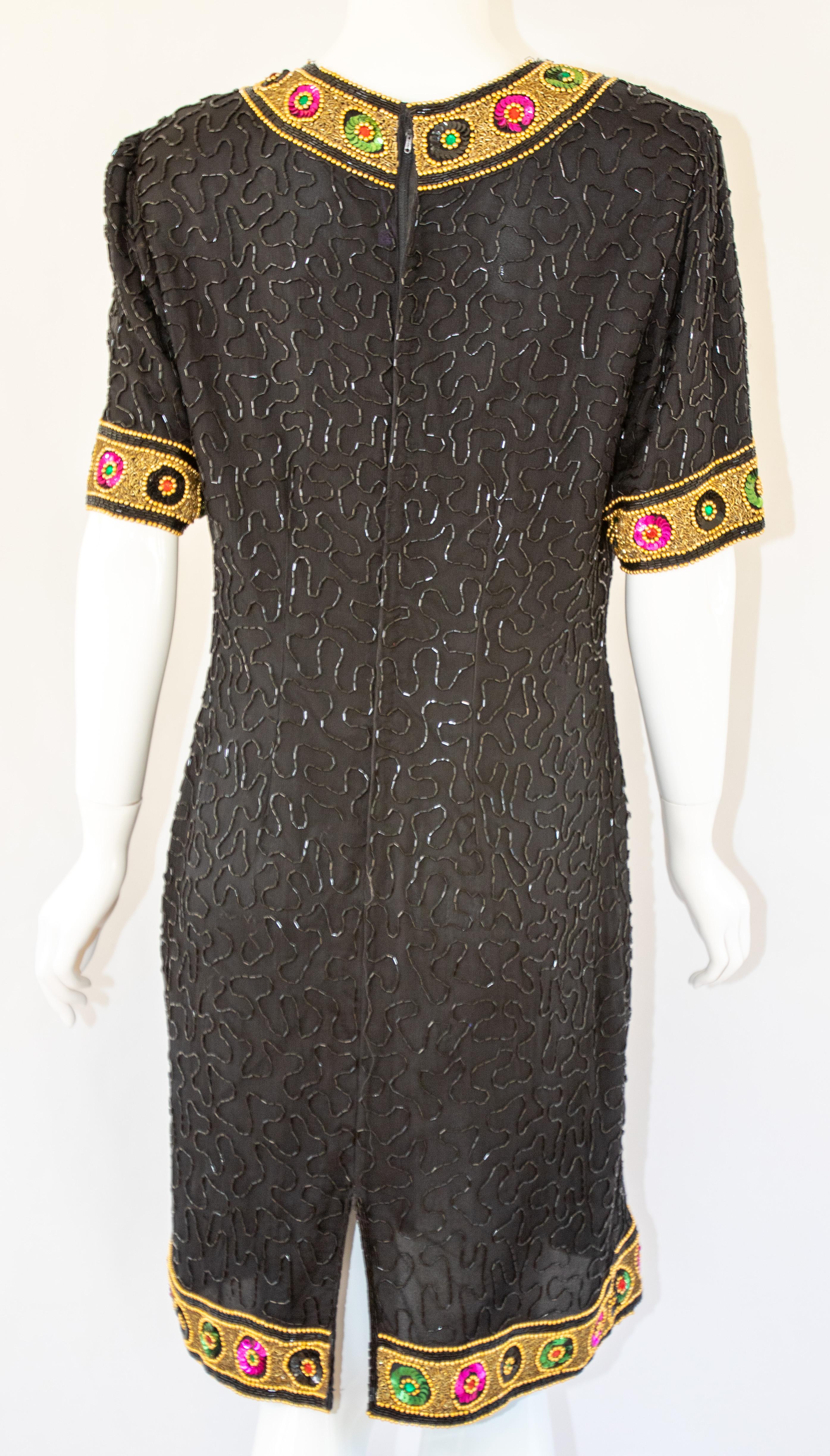Vintage Art Deco Style Beaded Mini Dress Black and Gold For Sale 8