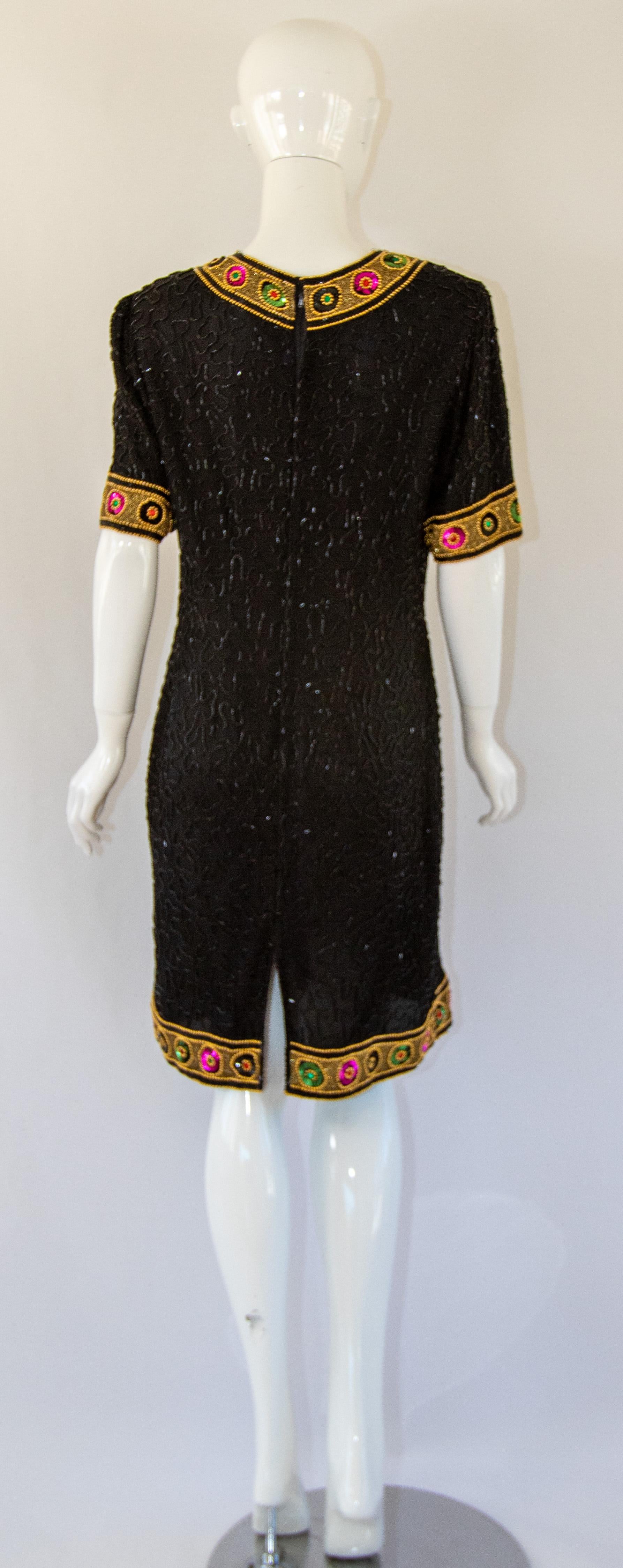 Vintage Art Deco Style Beaded Mini Dress Black and Gold For Sale 9