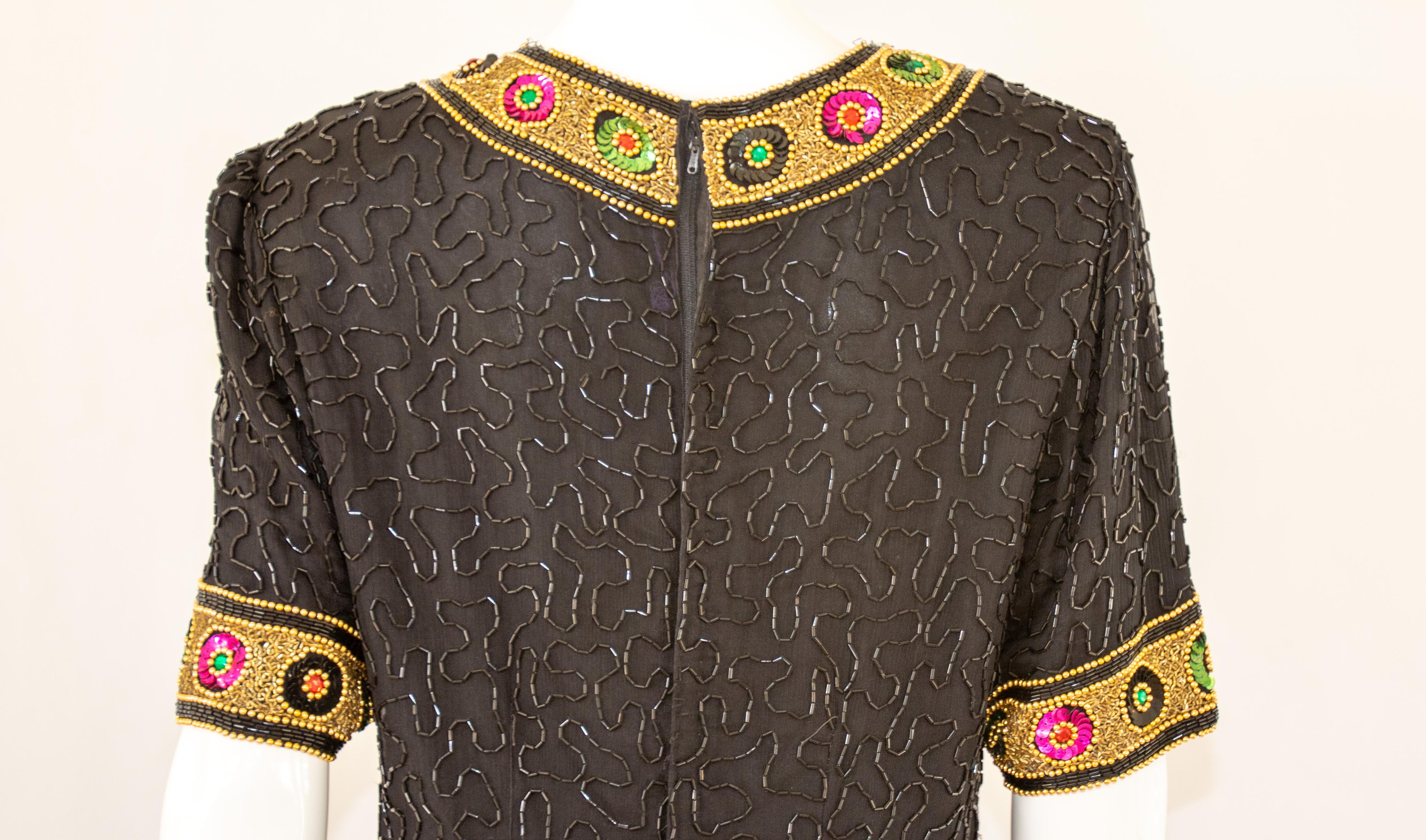 Vintage Art Deco Style Beaded Mini Dress Black and Gold For Sale 11