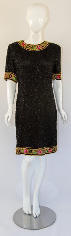 Vintage Art Deco Style Beaded Mini Dress Black and Gold
