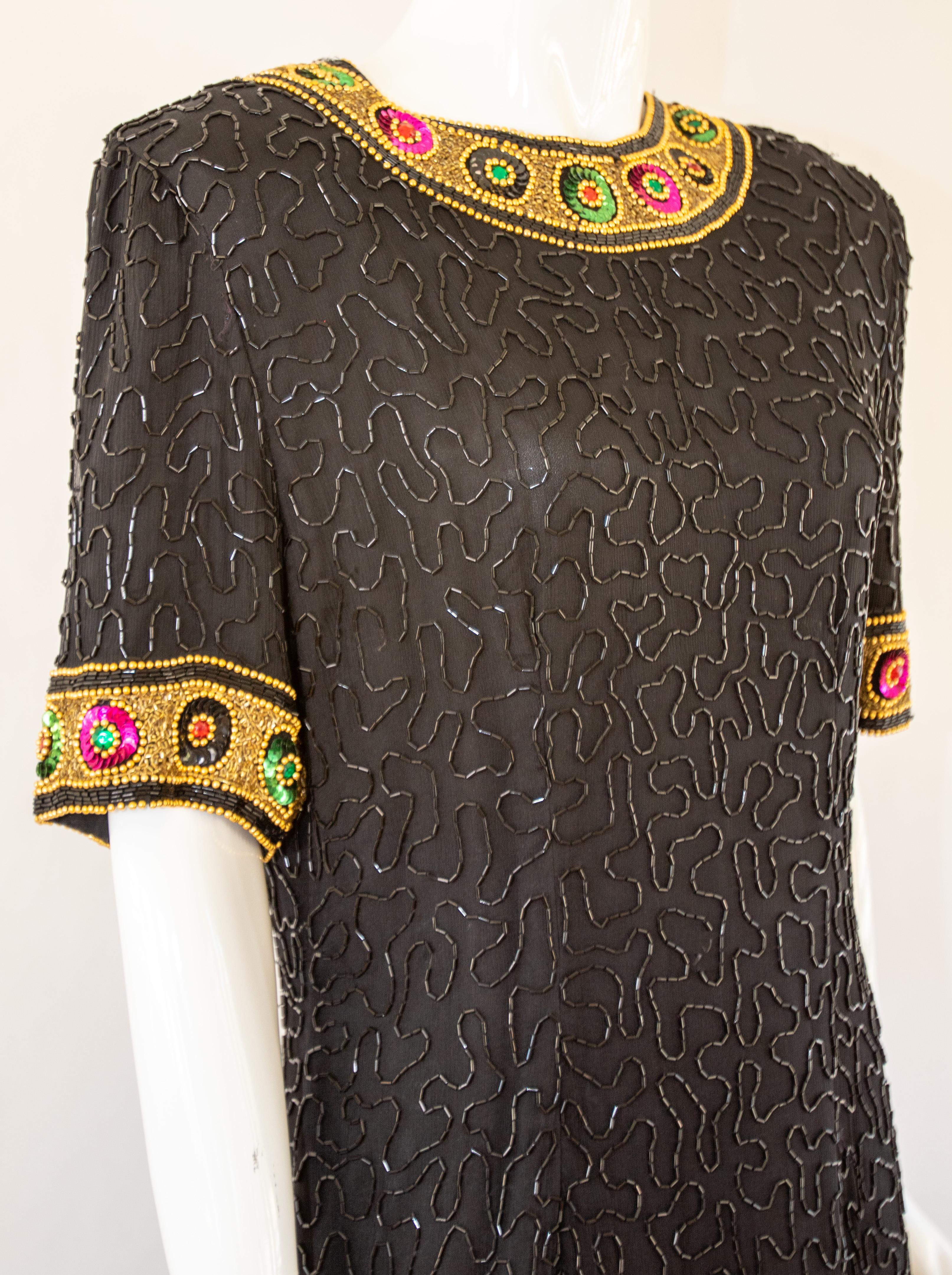 Vintage Art Deco Style Beaded Mini Dress Black and Gold In Good Condition For Sale In North Hollywood, CA