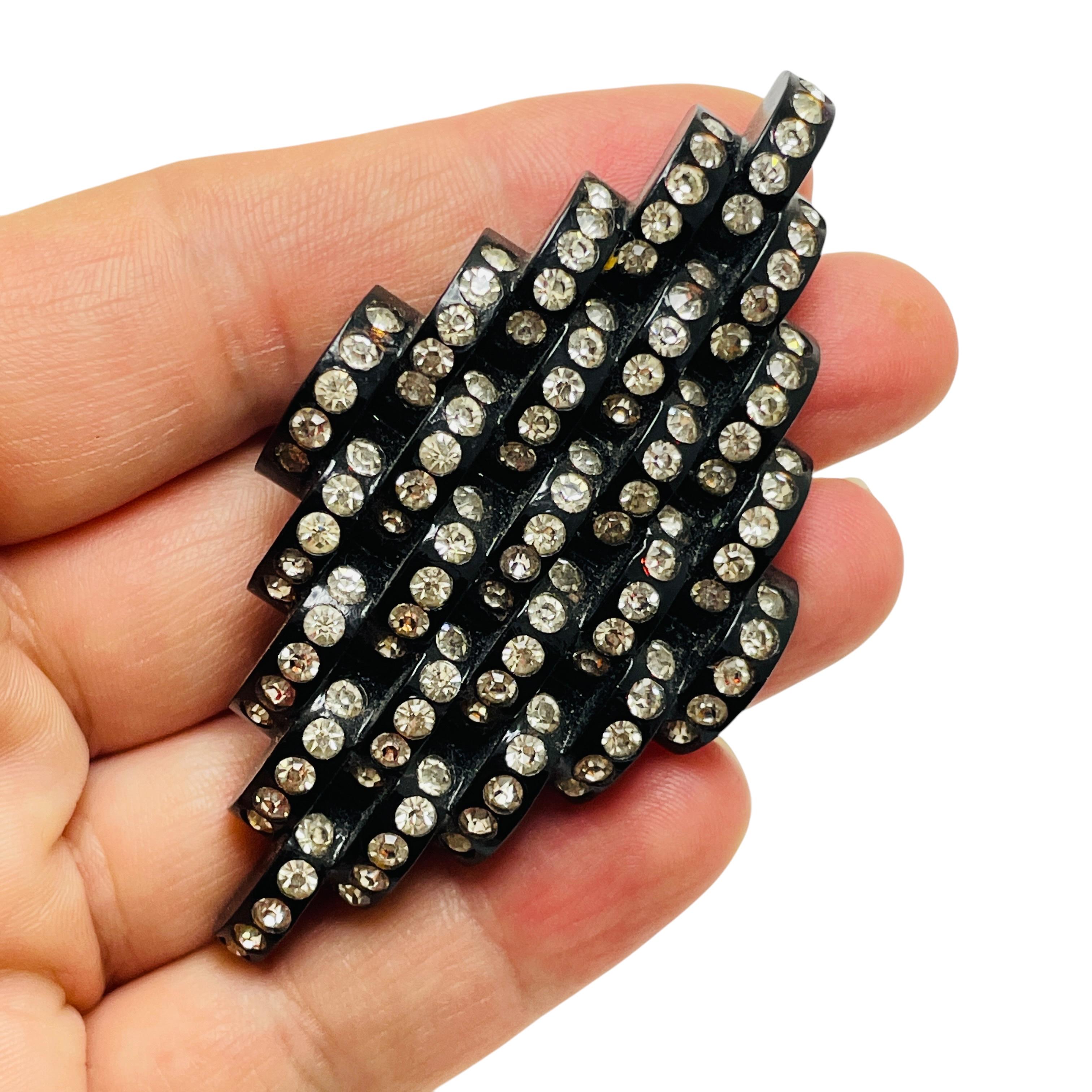 Women's Vintage art deco style black resin rhinestone brooch For Sale