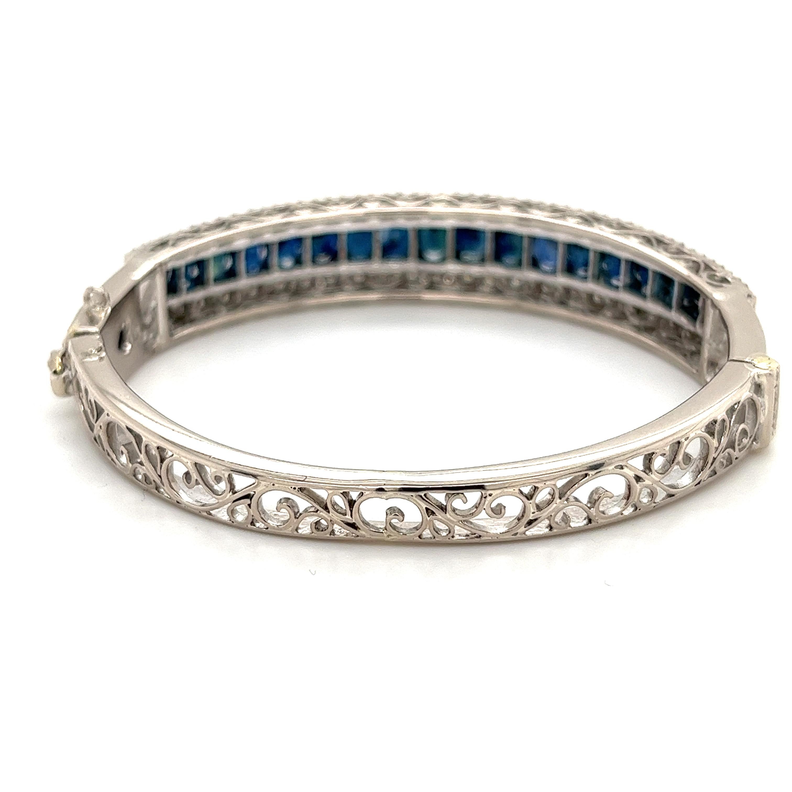Oval Cut Vintage Art Deco Style Blue Sapphire Cluster Bangle Bracelet in 14k White Gold For Sale