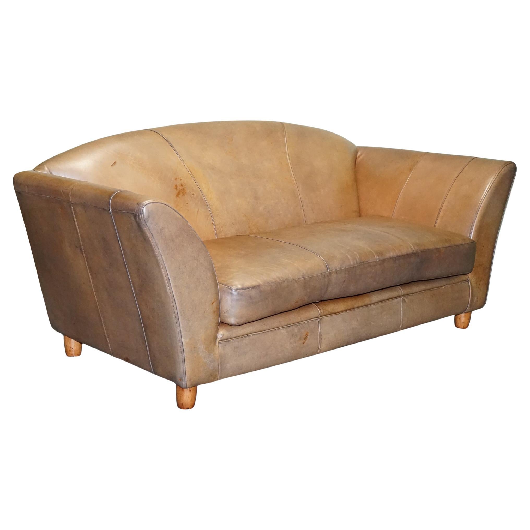 Divano a due posti in pelle marrone stile ART DECO di Vintage