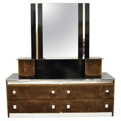 Vintage Art Deco Style Brown Upholstered Vanity Dressing Table Stand with Mirror