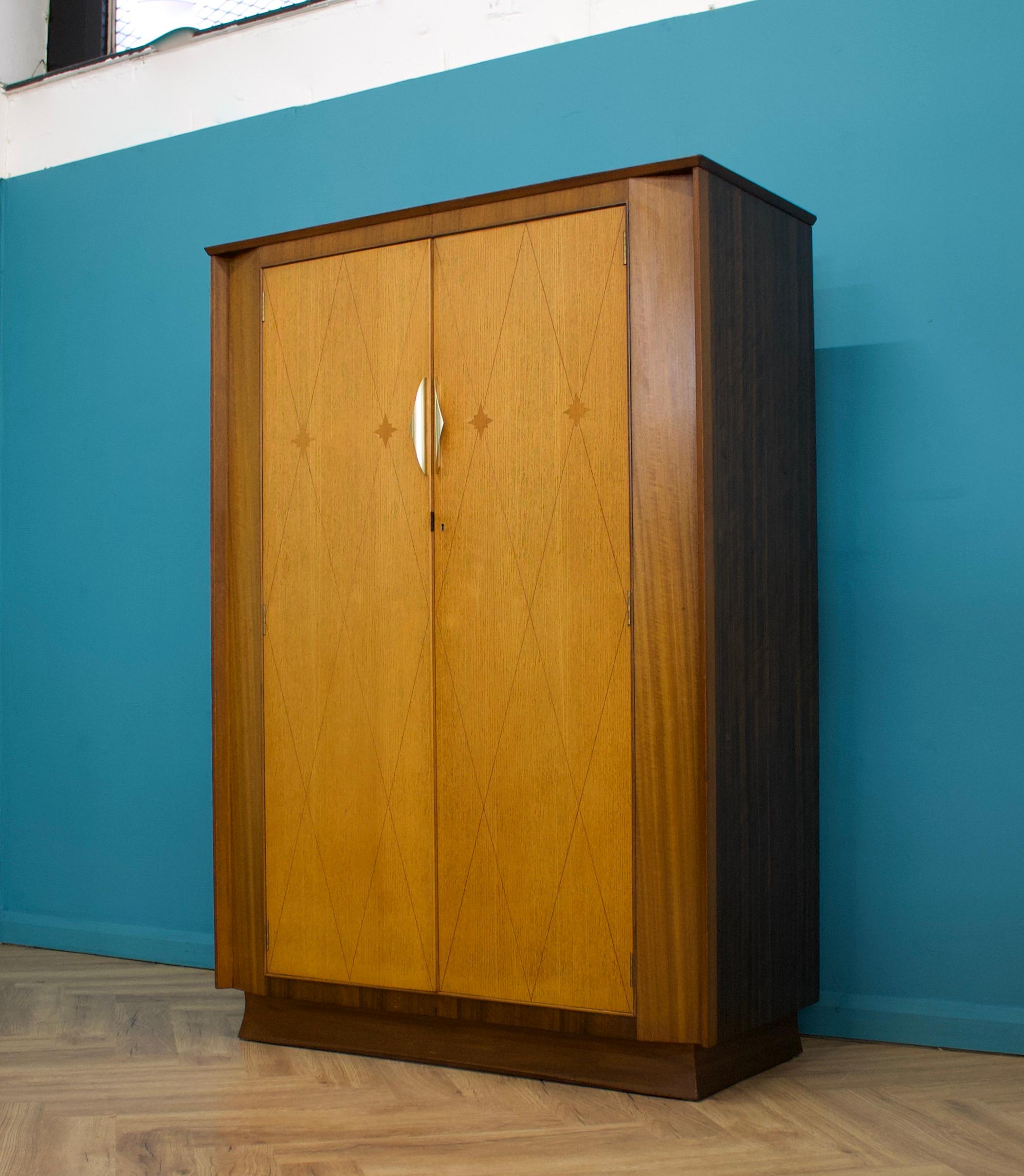 British Vintage Art Deco Style Burr Walnut  Wardrobe, 1950s