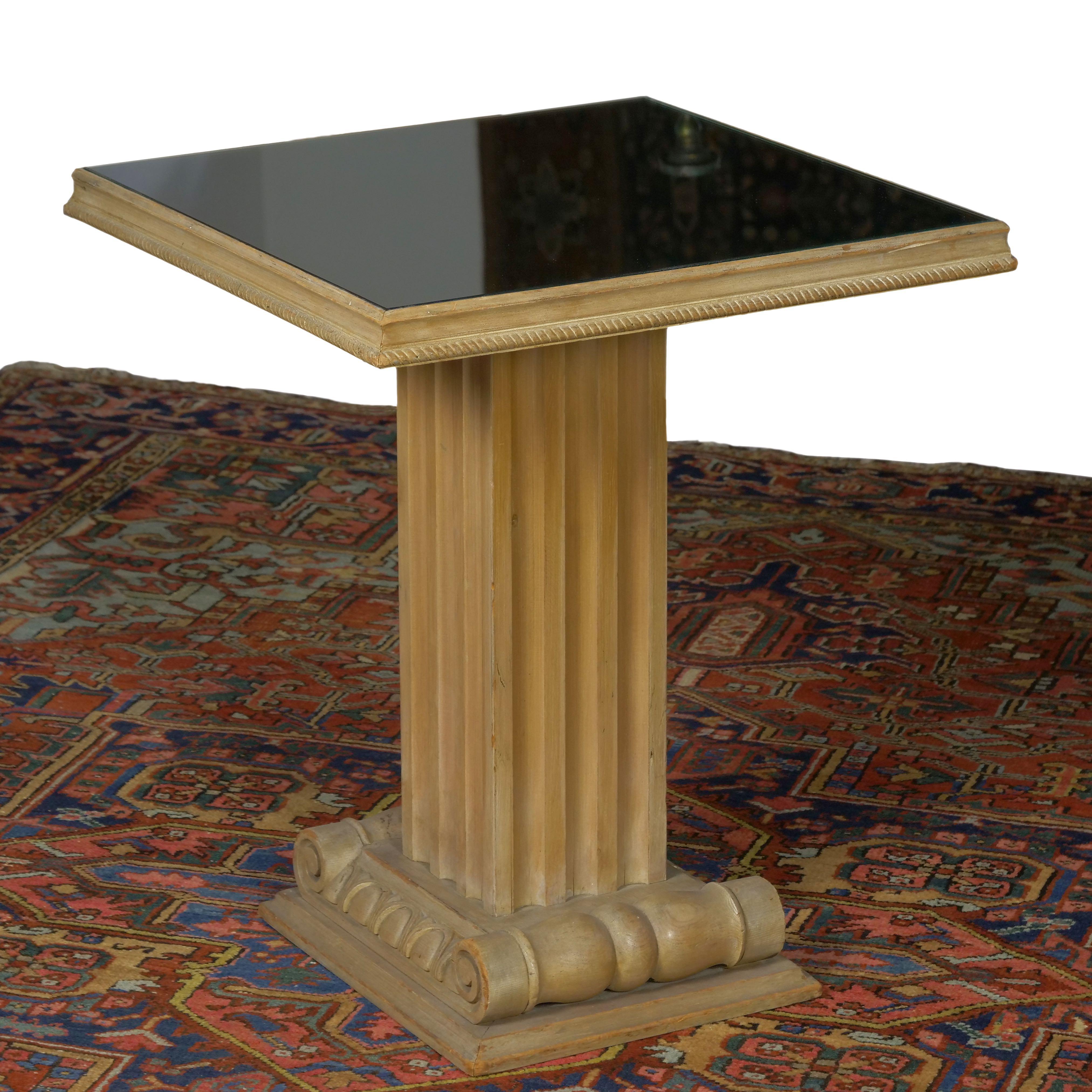 FRENCH MODERNE CERUSED WOOD PEDESTAL END TABLE WITH MIRRORED TOP
Circa mid 20th century, unmarked
Item # 905PNS31L 

A delightful little accent table designed in the French taste with a distinctly deco flair, the architectural fluted column is