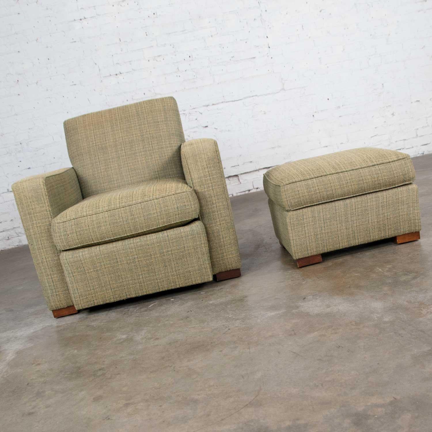 Vintage Art Deco Style Club Chair and Ottoman in Green Tweed by Hickory Chair In Good Condition In Topeka, KS