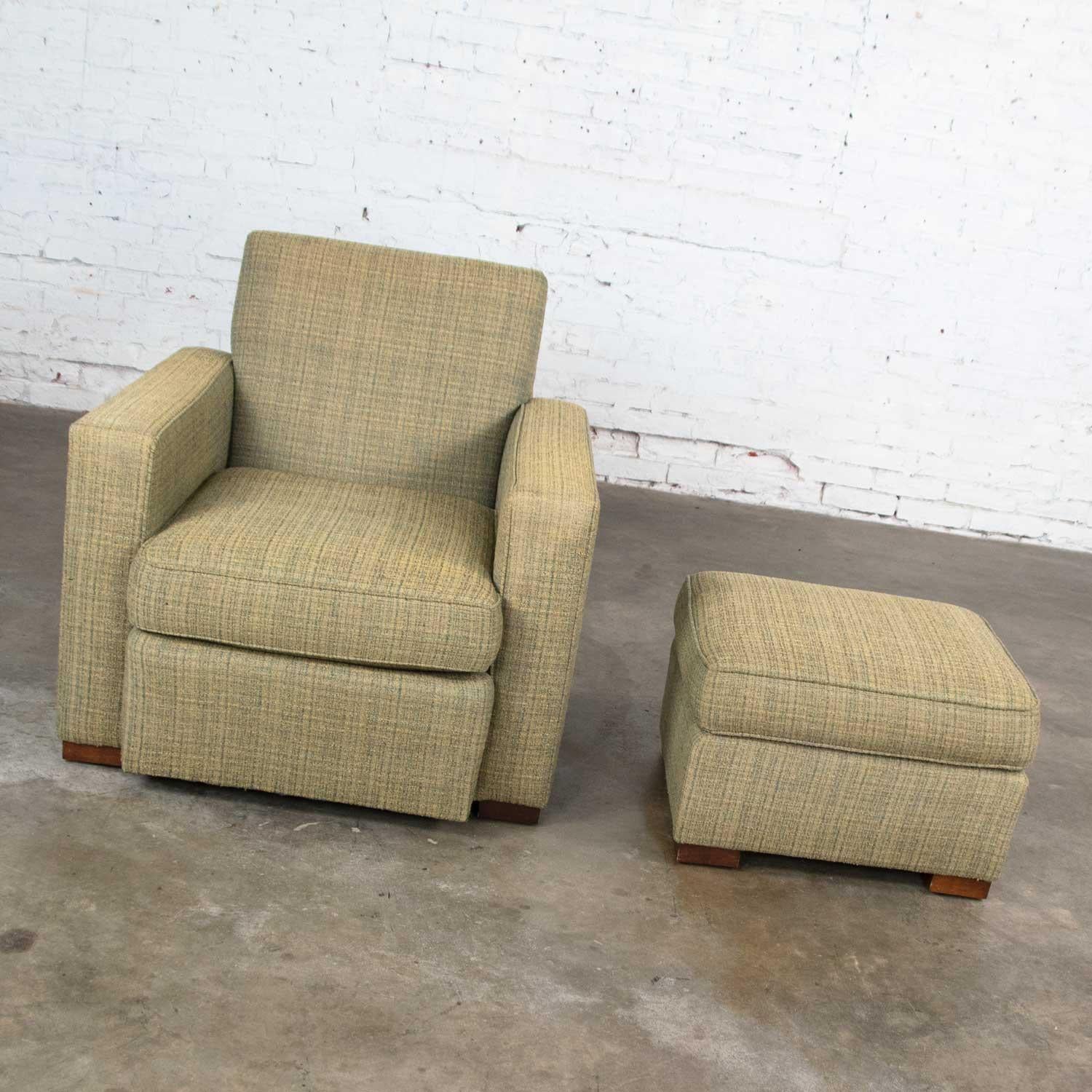 20th Century Vintage Art Deco Style Club Chair and Ottoman in Green Tweed by Hickory Chair