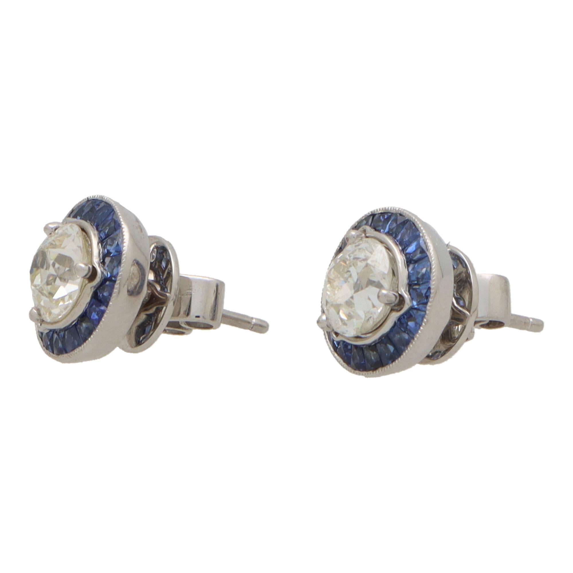 Old European Cut Vintage Art Deco Style Convertible Sapphire and Diamond Target Stud Earrings For Sale