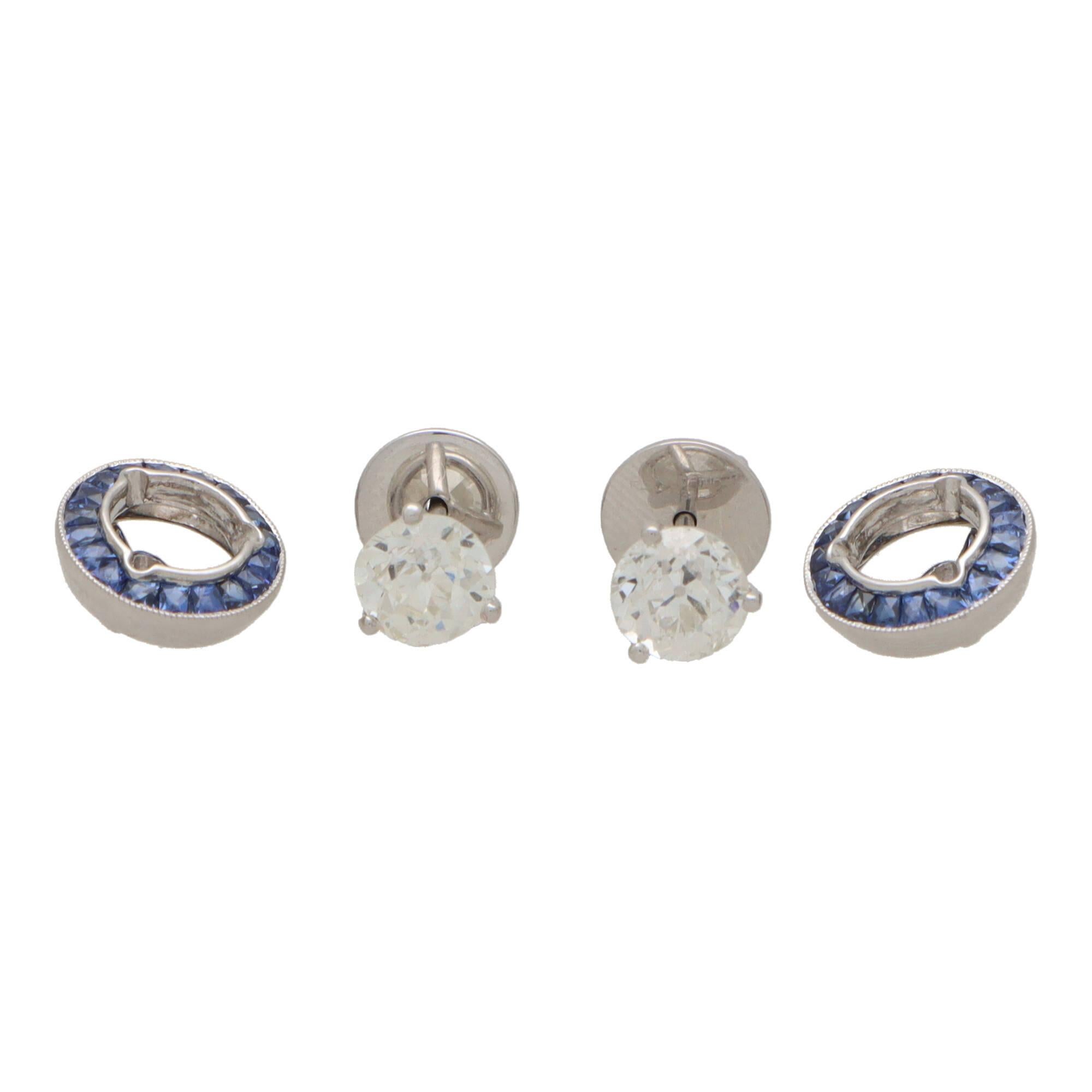 Vintage Art Deco Style Convertible Sapphire and Diamond Target Stud Earrings In Excellent Condition For Sale In London, GB