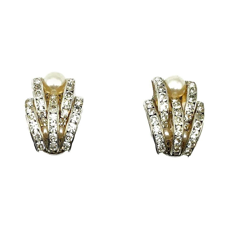 Vintage Art Deco Style Stud Earrings French Clip Fastening 14K White Gold Over 