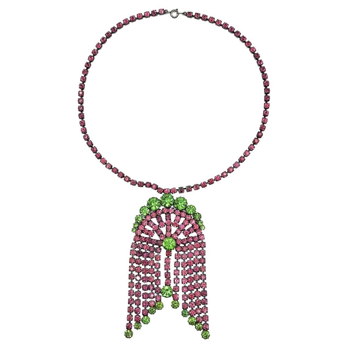 Vintage Art Deco Style Crystal Tassel Necklace 1960s For Sale