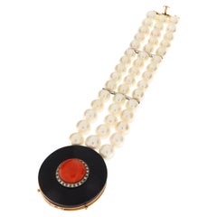 Vintage Art Deco Style Cultured Pearl Bracelet & Onyx and Coral Clasp 14K Gold