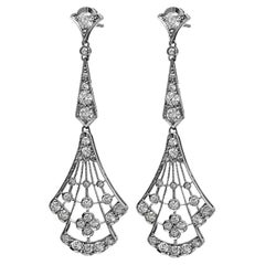 Vintage Art Deco Style Diamond Platinum Dangle Drop Floral Earrings