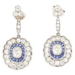 Vintage Art Deco Style Diamond & Sapphire Drop Earring in Platinum & 18K Gold