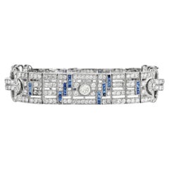 Vintage Art Deco Style Diamond Sapphire Platinum Geometric Link Bracelet