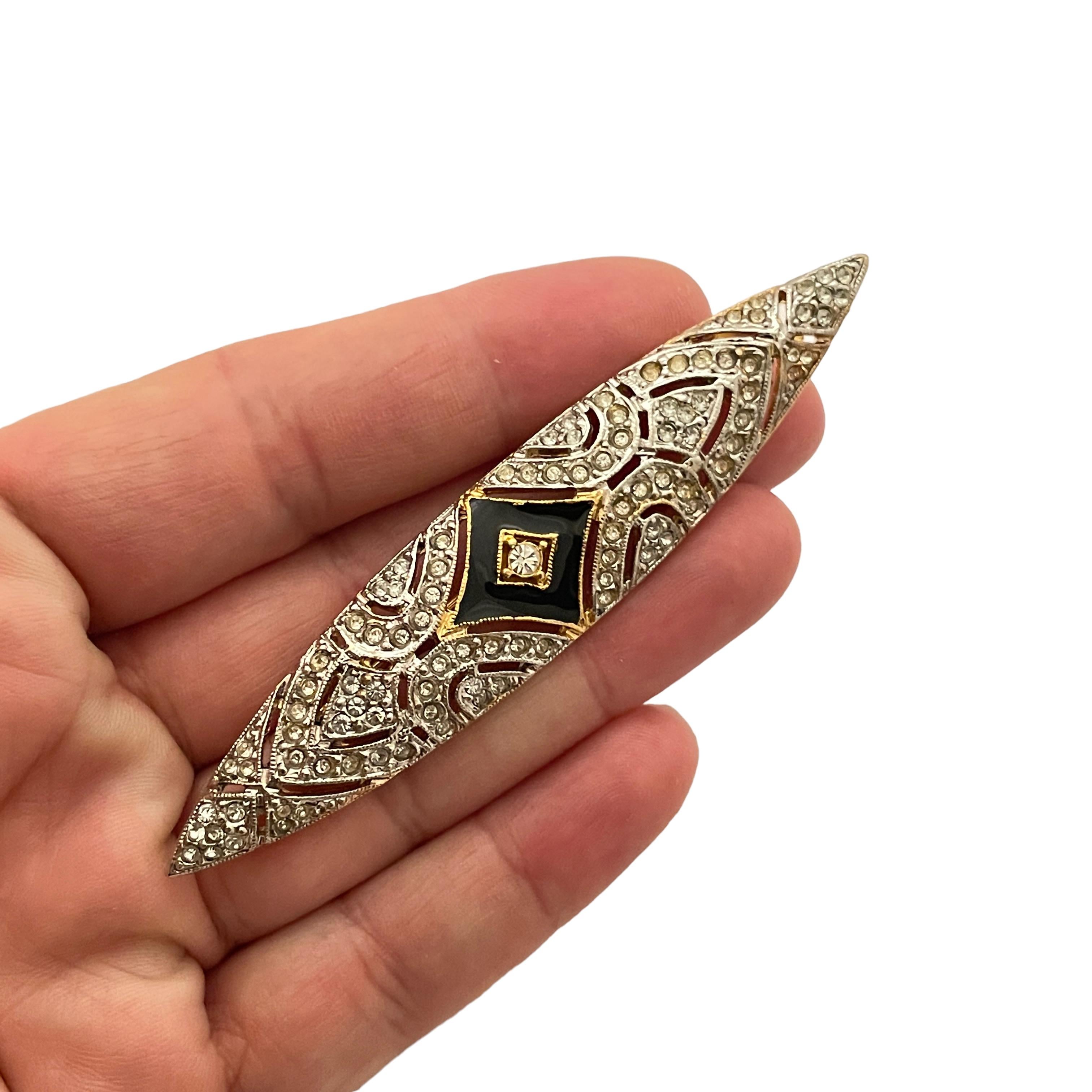 Women's or Men's Vintage Art Deco style enamel gold silver rhinestone bar brooch