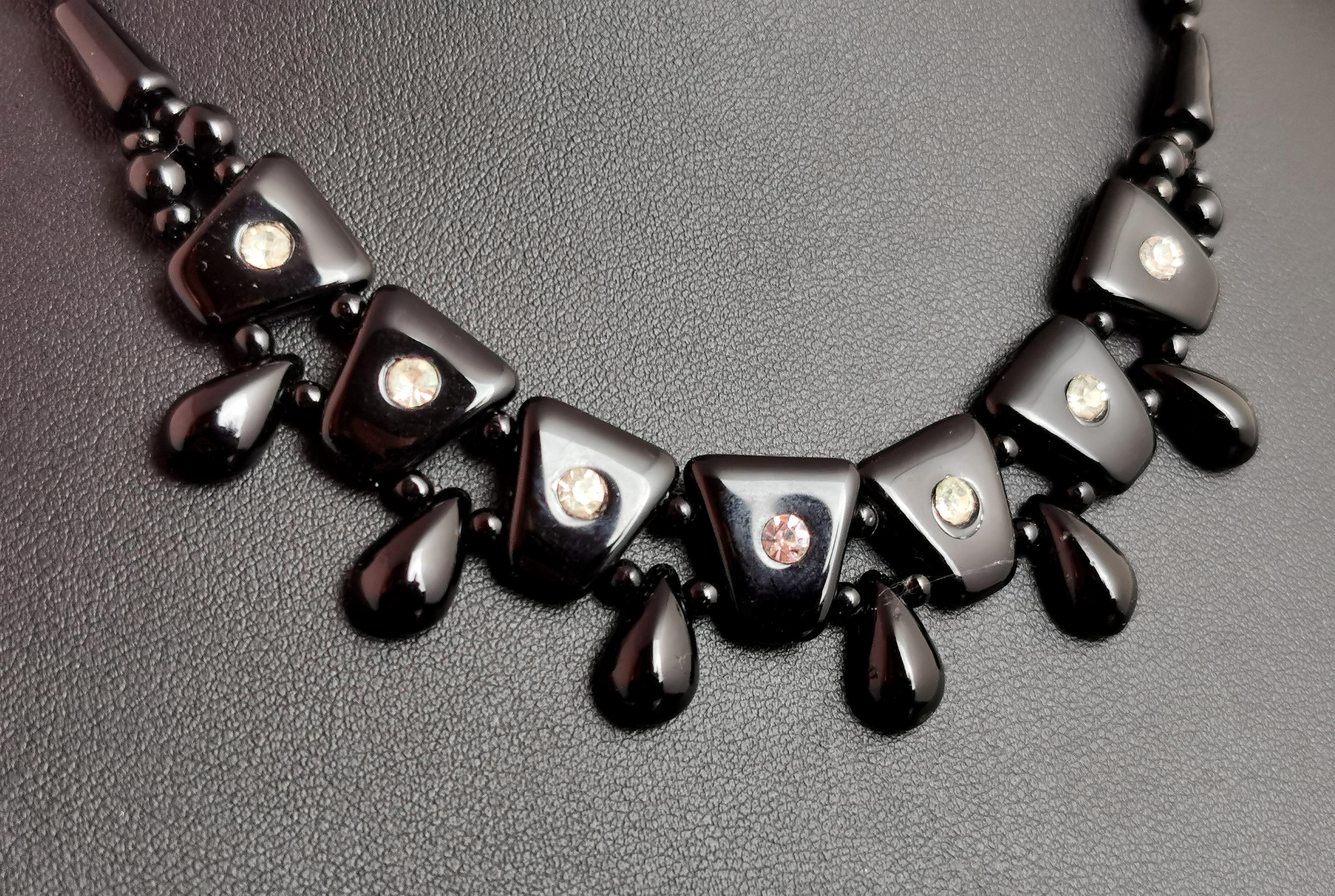 Women's Vintage Art Deco style Festoon necklace, French jet and paste