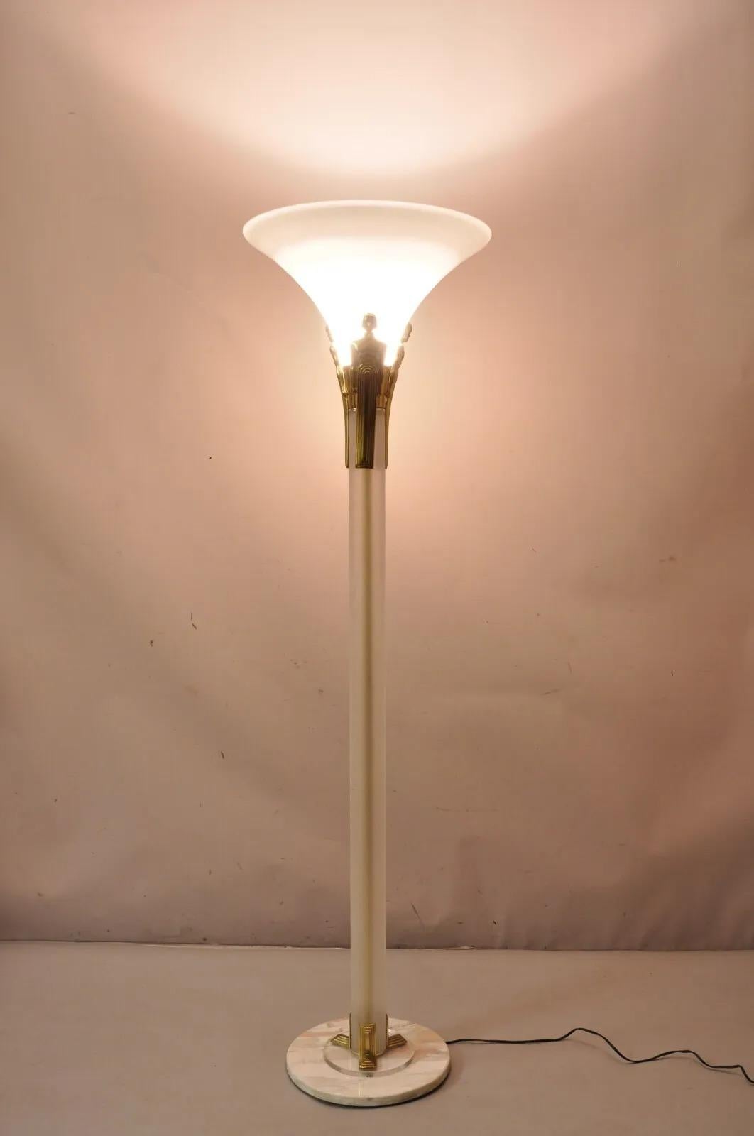 Vintage Art Deco Style Figural Frosted Acrylic and Glass Torchiere Floor Lamp For Sale 6