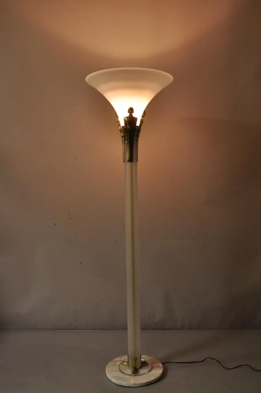 Vintage Art Deco Style Figural Frosted Acrylic and Glass Torchiere Floor Lamp For Sale 5