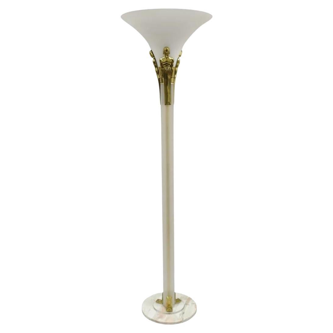 Vintage Art Deco Style Figural Frosted Acrylic and Glass Torchiere Floor Lamp For Sale
