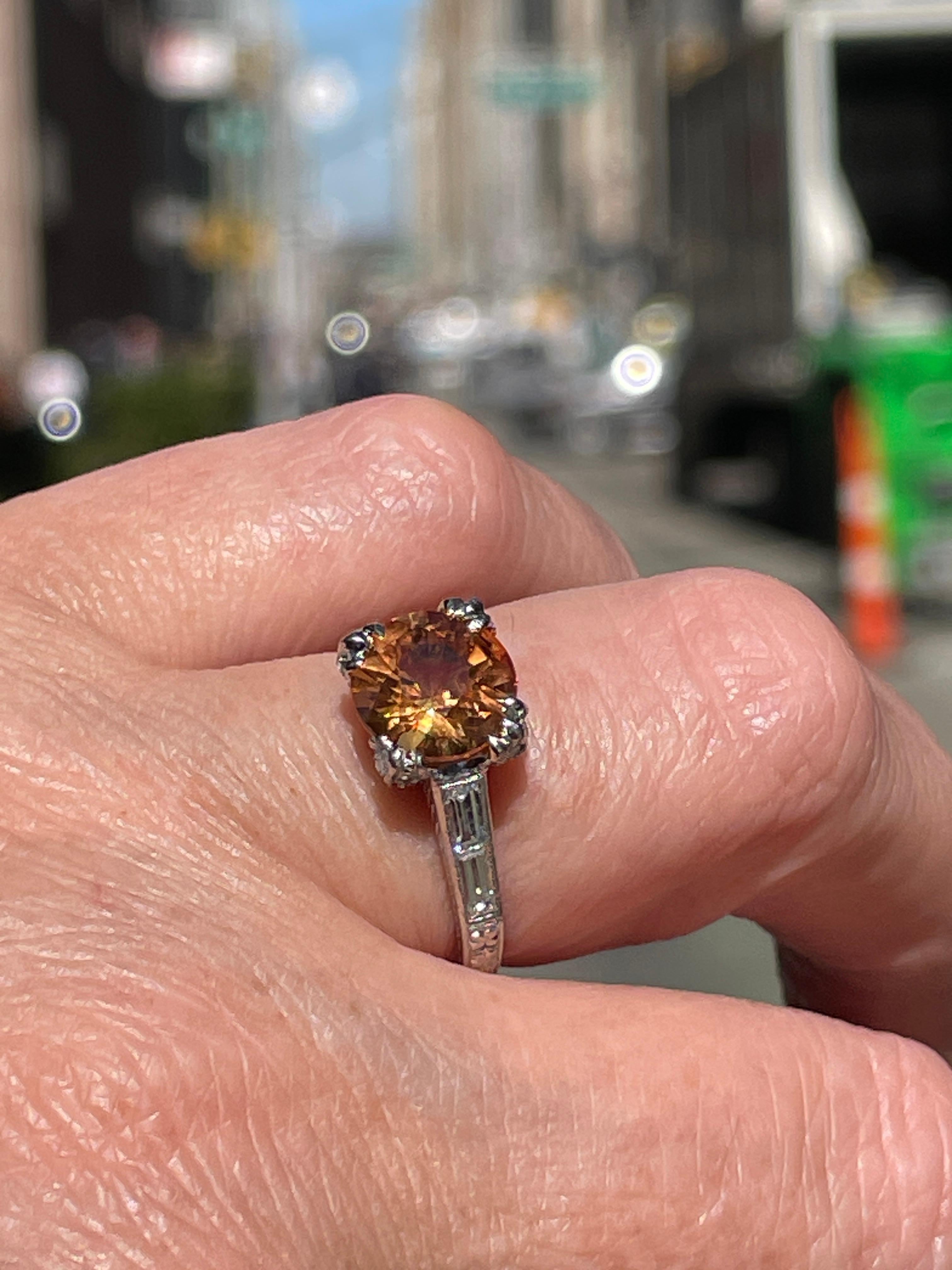 Vintage Art-Deco Style GIA 3.35ct Orange Round  Sapphire Diamond Platinum Ring For Sale 5