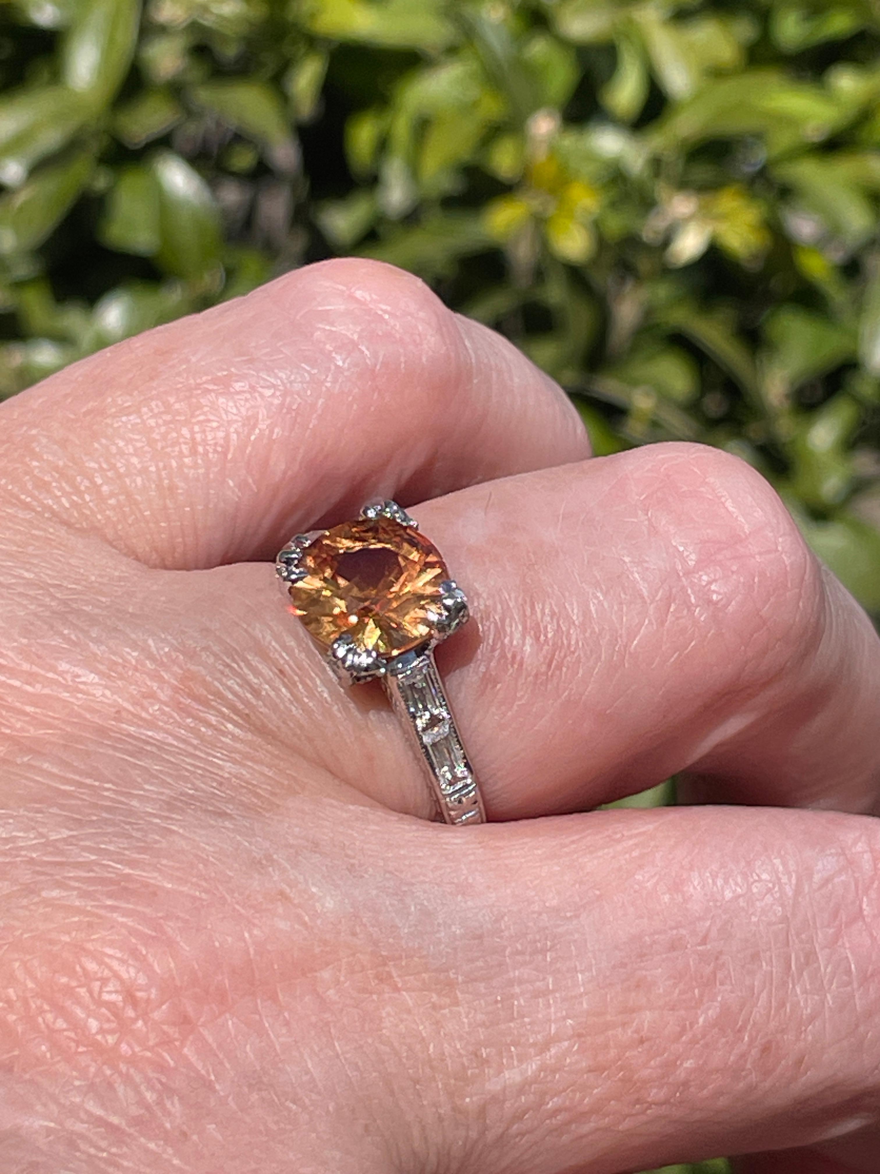 Vintage Art-Deco Style GIA 3.35ct Orange Round  Sapphire Diamond Platinum Ring For Sale 8