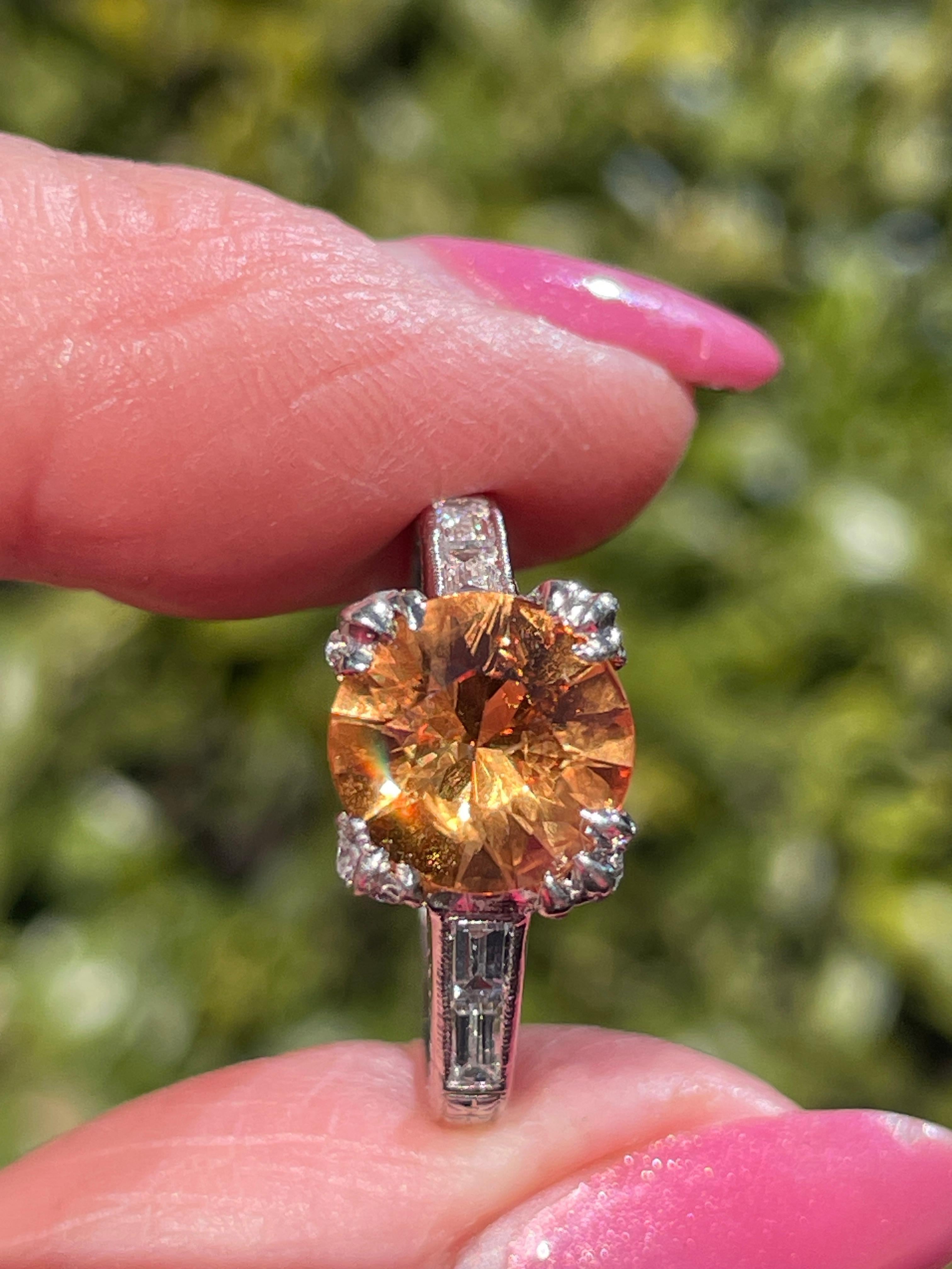 Vintage Art-Deco Style GIA 3.35ct Orange Round  Sapphire Diamond Platinum Ring For Sale 11