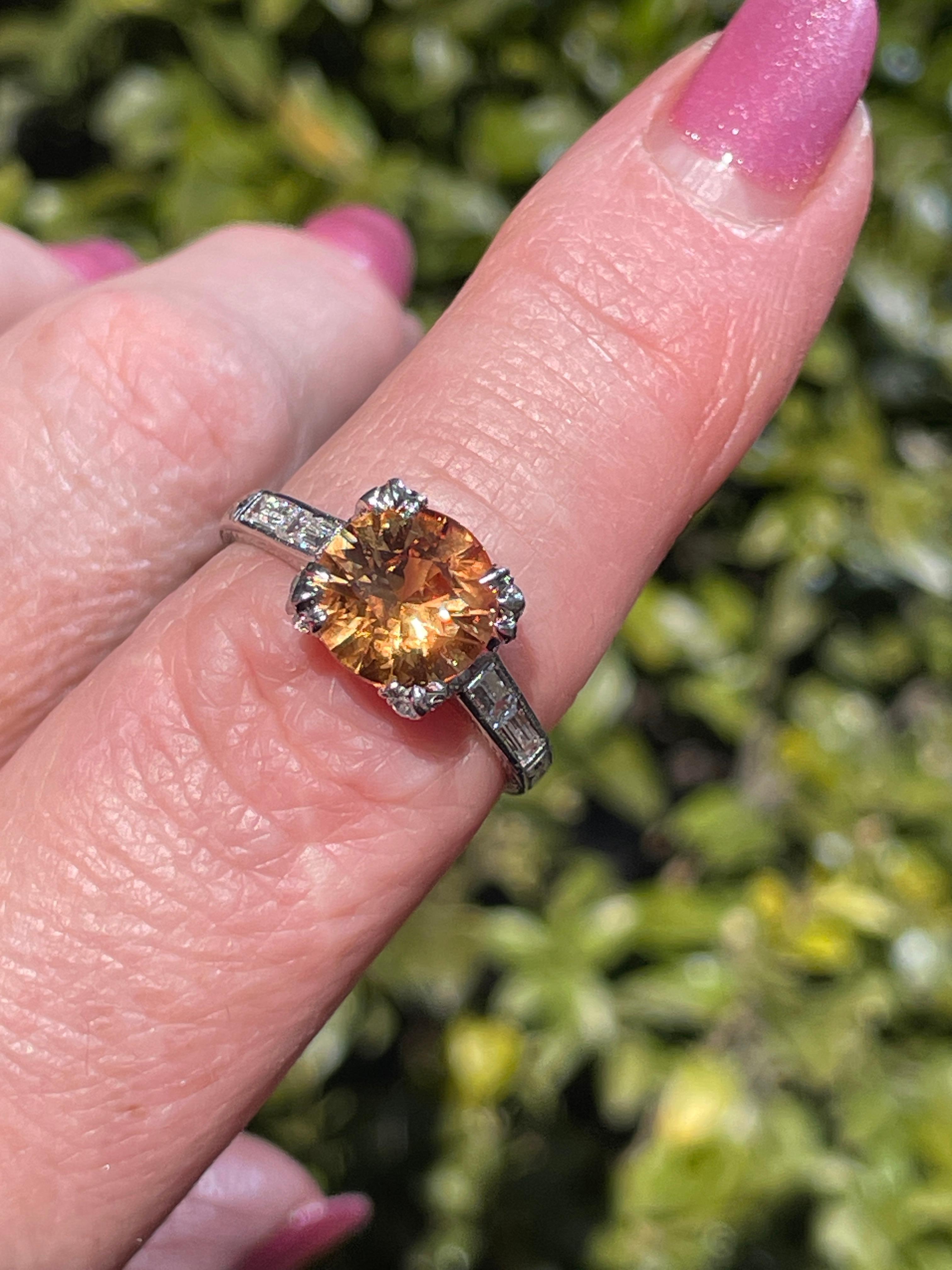 Vintage Art-Deco Style GIA 3.35ct Orange Round  Sapphire Diamond Platinum Ring For Sale 12