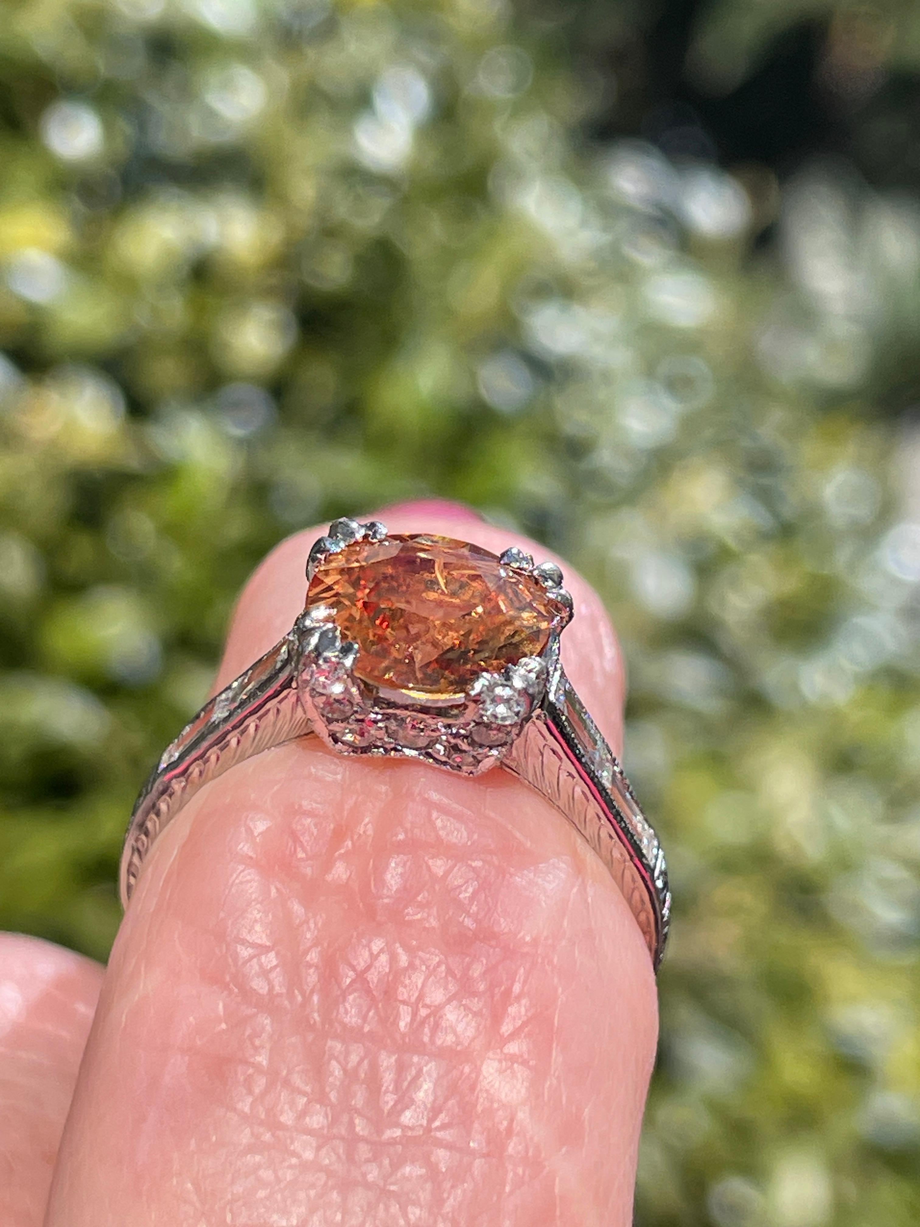 Vintage Art-Deco Style GIA 3.35ct Orange Round  Sapphire Diamond Platinum Ring For Sale 13