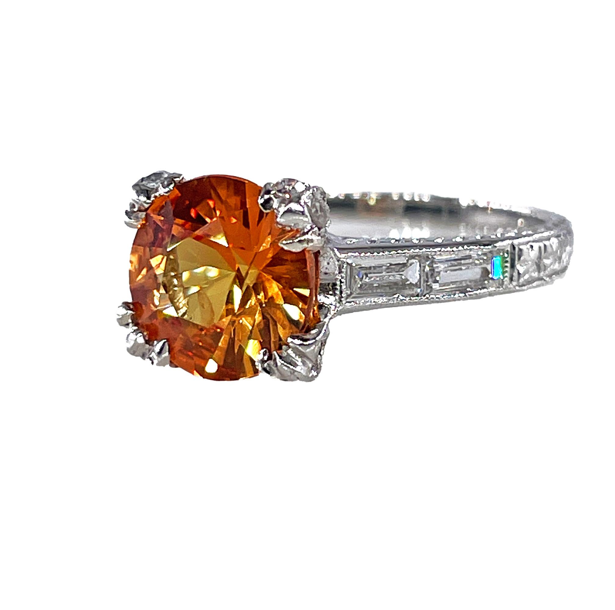 Art Deco Vintage Art-Deco Style GIA 3.35ct Orange Round  Sapphire Diamond Platinum Ring For Sale