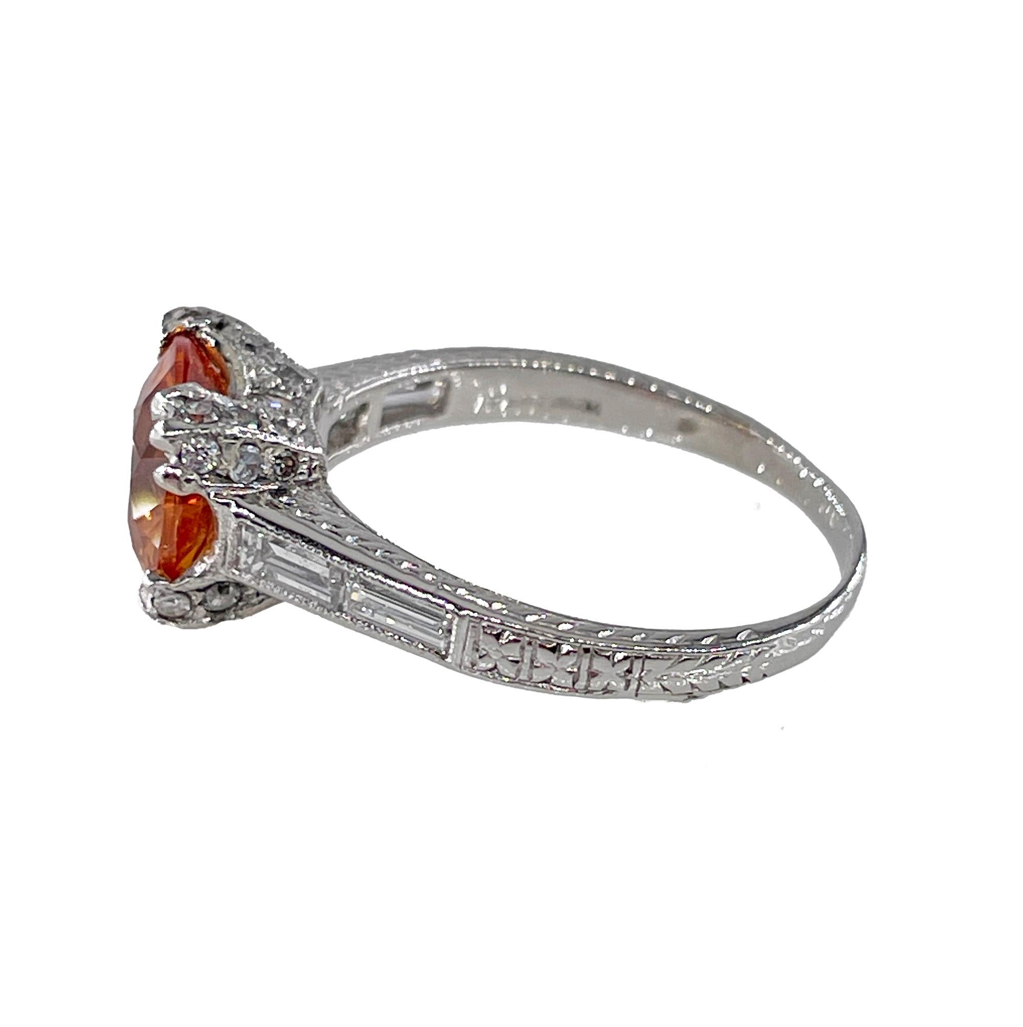 Round Cut Vintage Art-Deco Style GIA 3.35ct Orange Round  Sapphire Diamond Platinum Ring For Sale