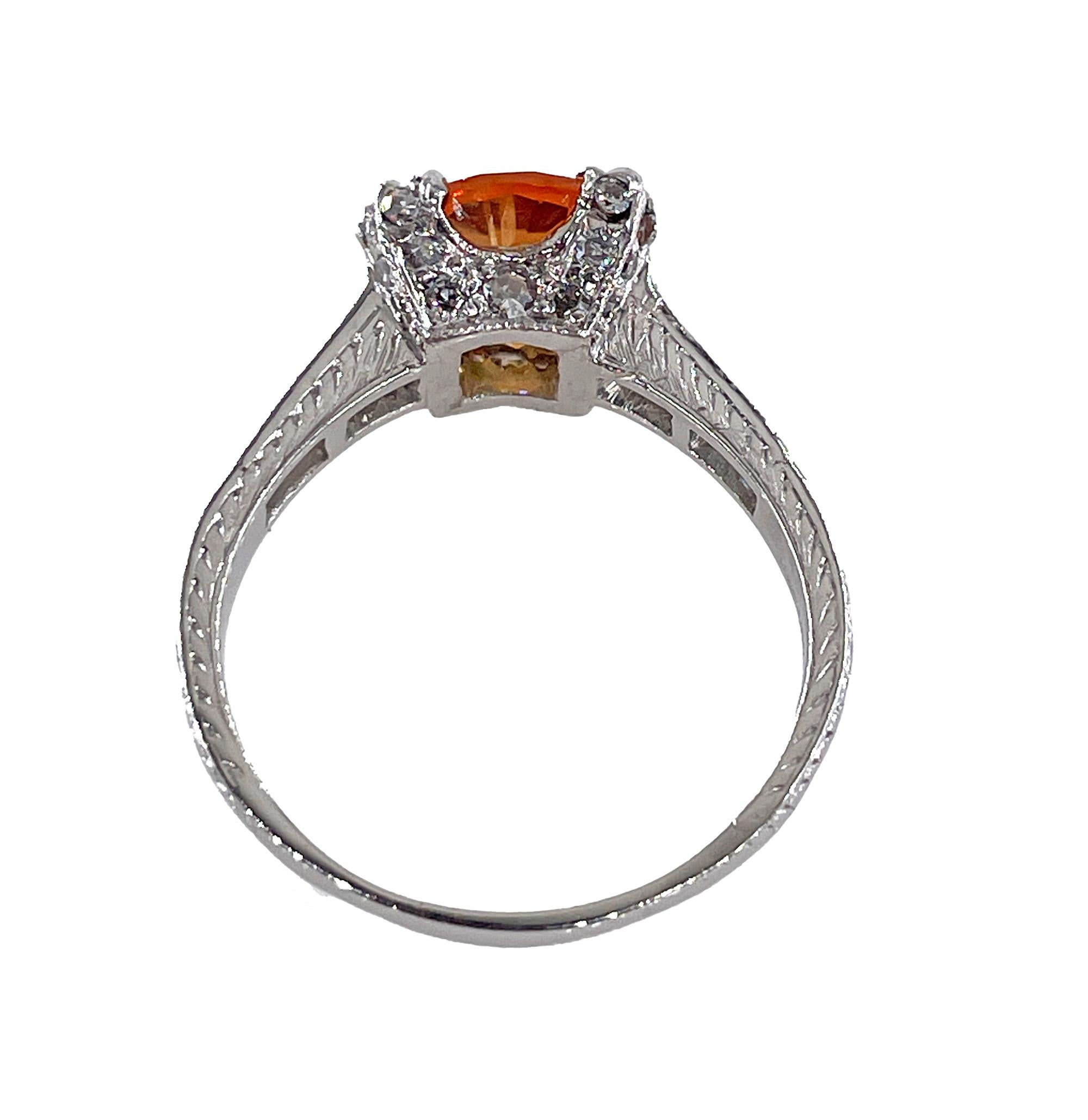 Vintage Art-Deco Style GIA 3.35ct Orange Round  Sapphire Diamond Platinum Ring In Good Condition For Sale In New York, NY