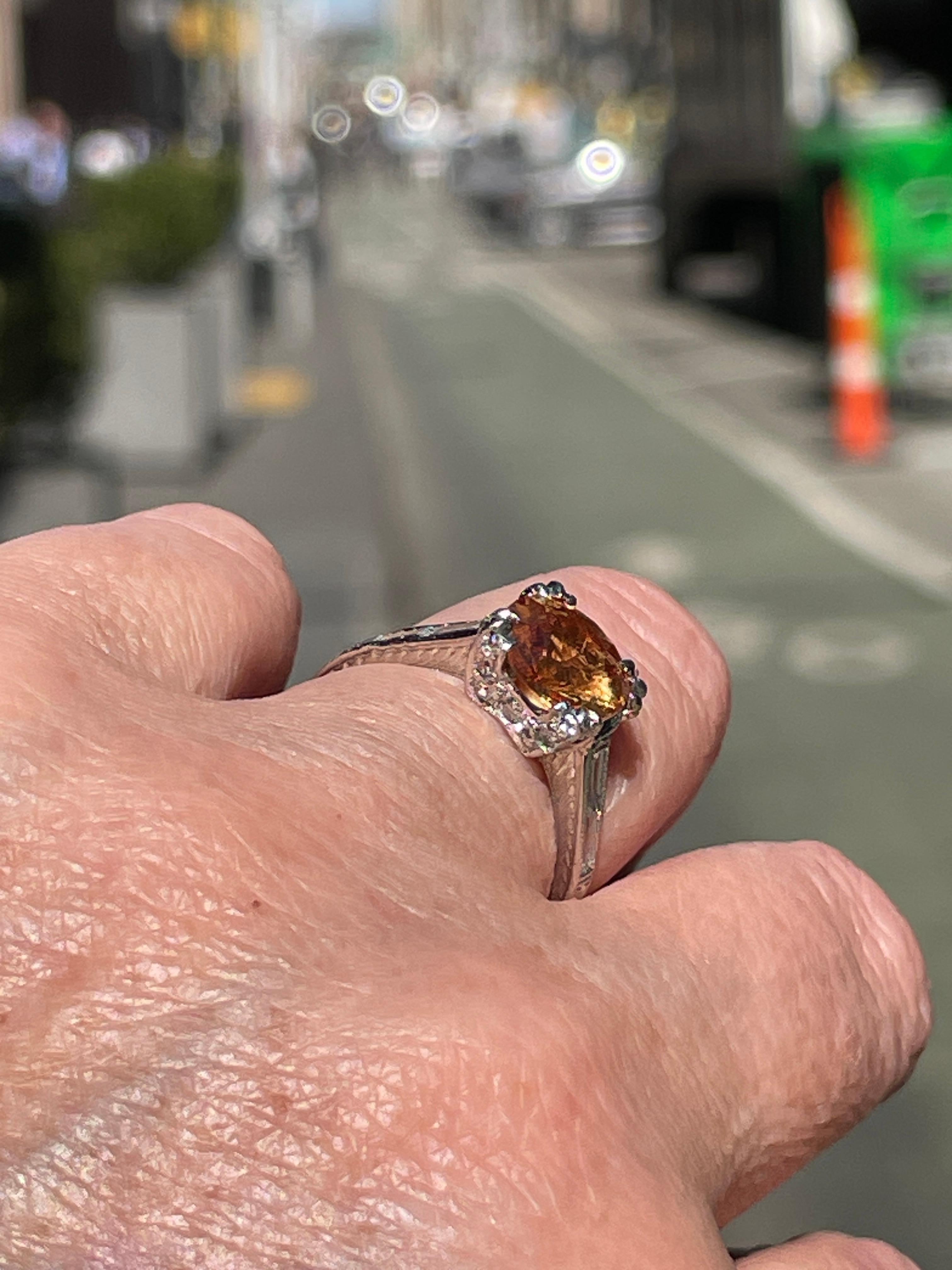 Vintage Art-Deco Style GIA 3.35ct Orange Round  Sapphire Diamond Platinum Ring For Sale 3