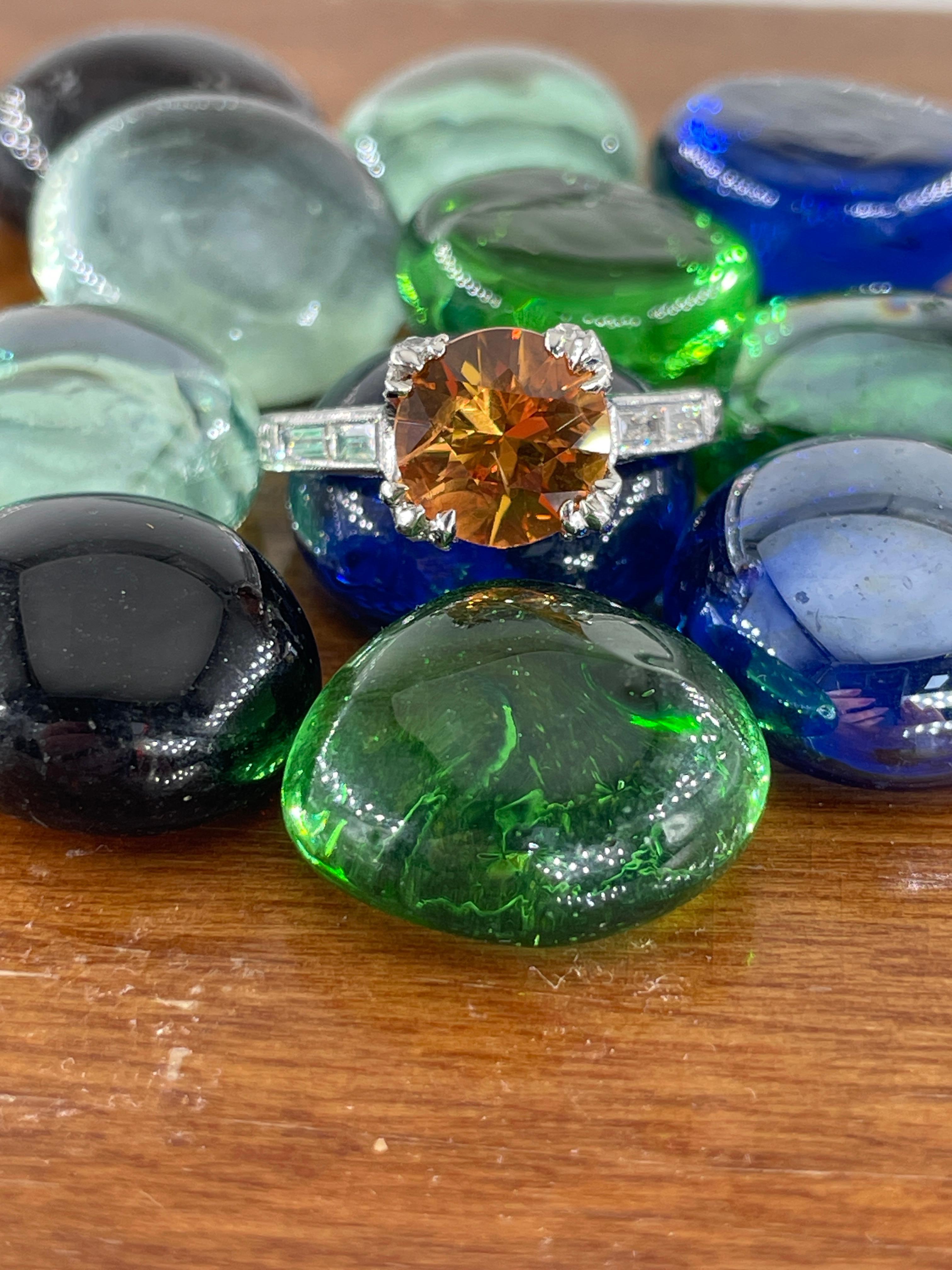 Vintage Art-Deco Style GIA 3.35ct Orange Round  Sapphire Diamond Platinum Ring For Sale 4