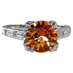 Vintage Estilo Art-Deco GIA 3,35ct Naranja Redondo  Anillo Zafiro Diamante Platino