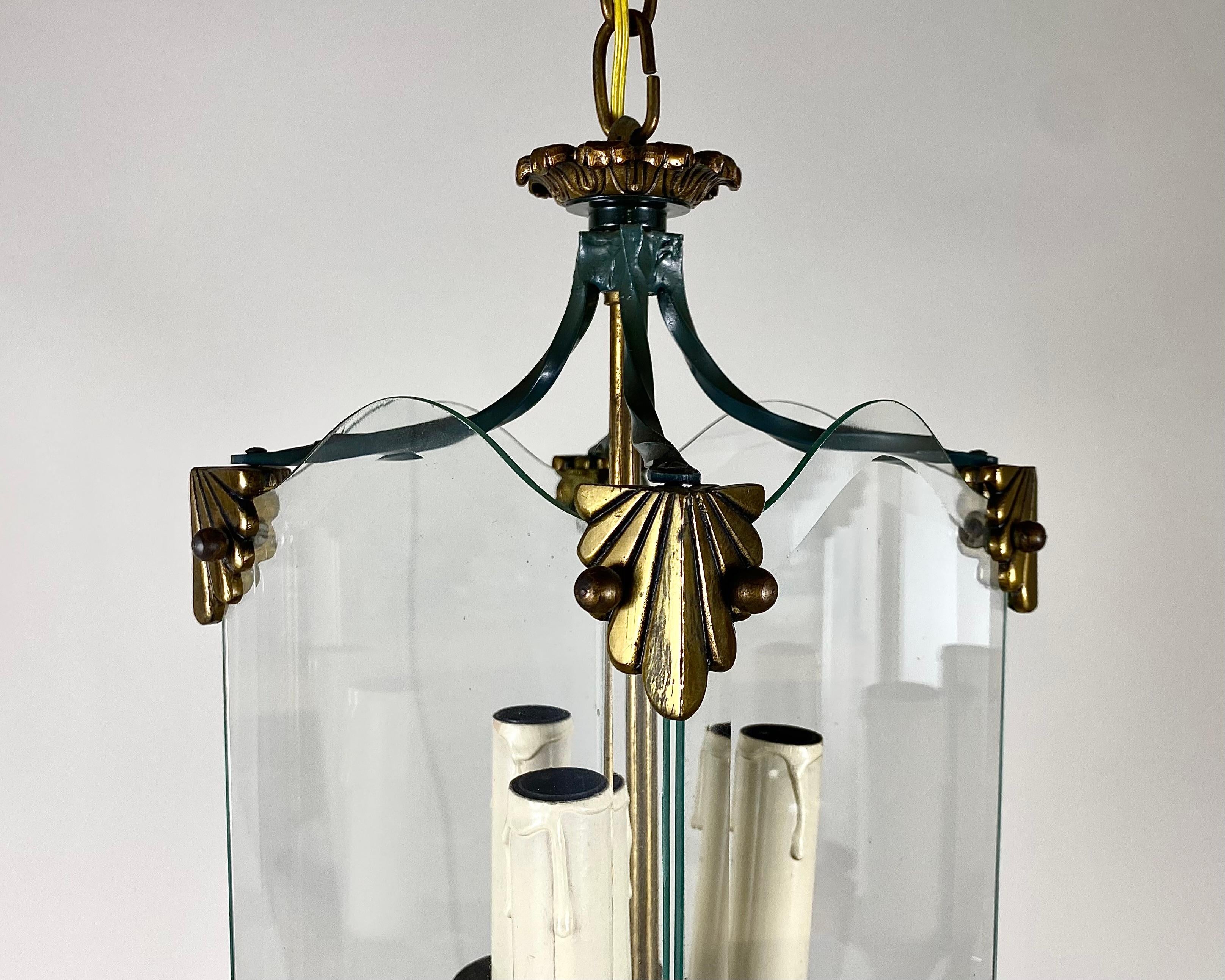 Art Déco Lampada a sospensione in vetro e bronzo in stile Art Deco vintage, anni '50 in vendita