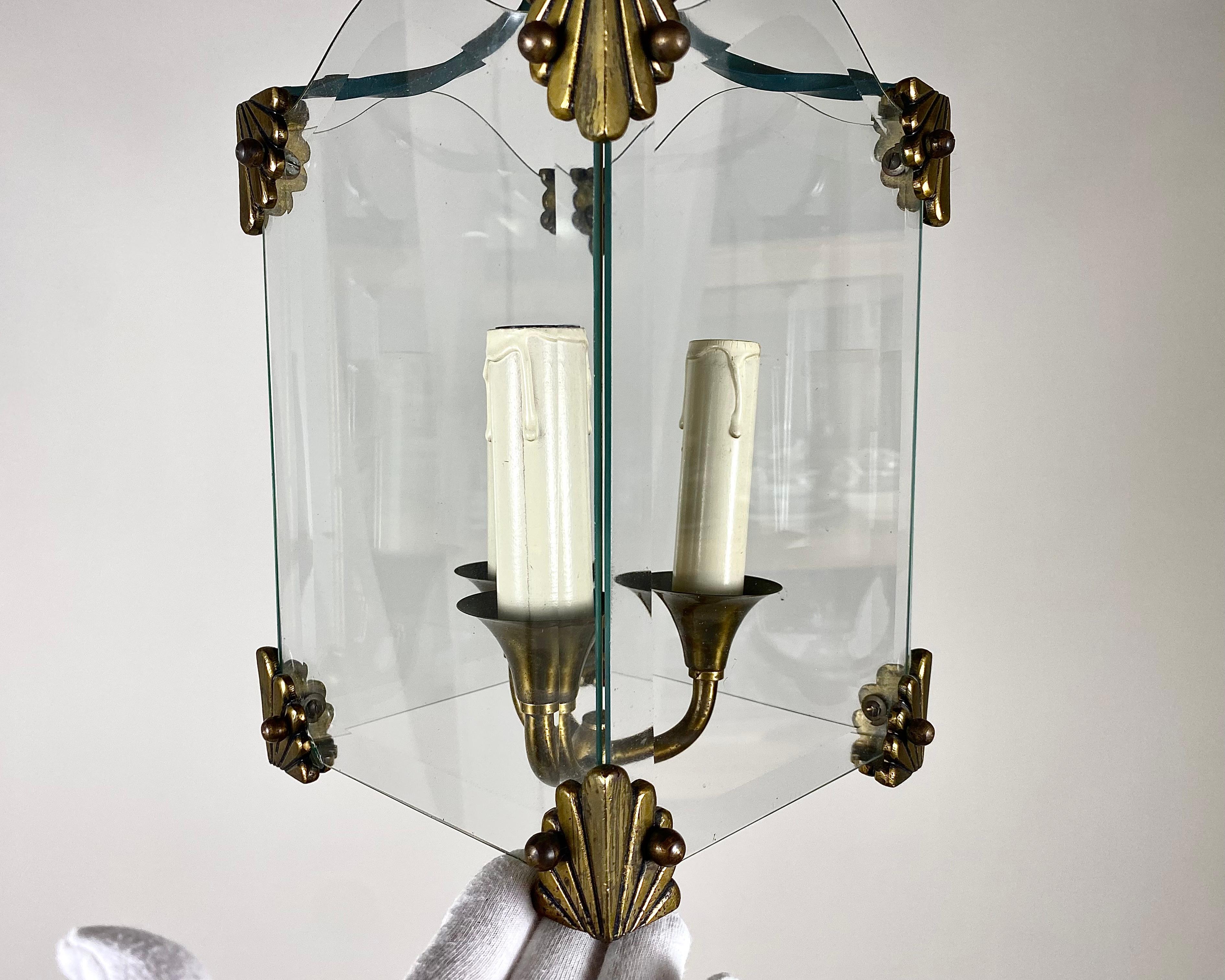 Lampada a sospensione in vetro e bronzo in stile Art Deco vintage, anni '50 In condizioni buone in vendita a Bastogne, BE