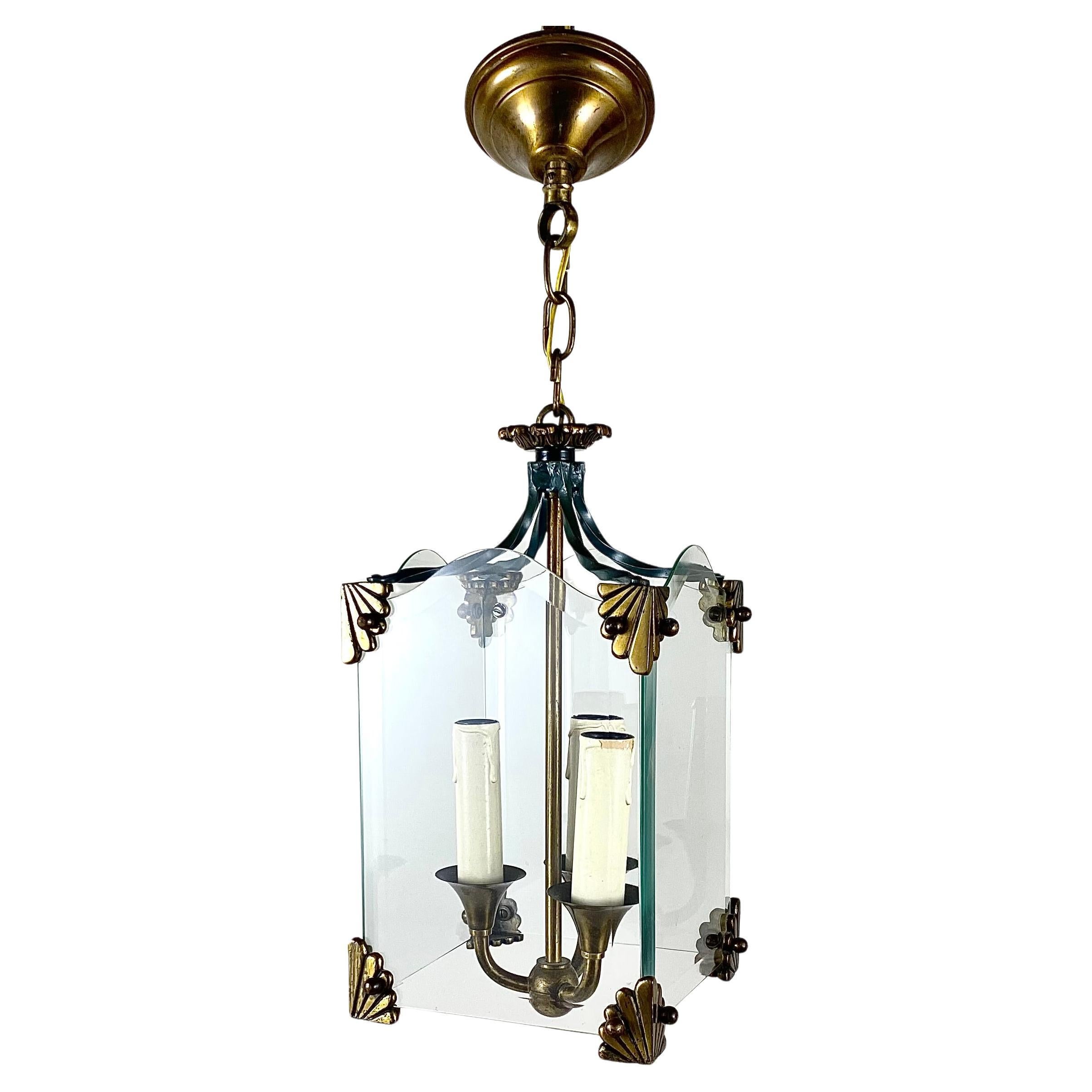 Lampada a sospensione in vetro e bronzo in stile Art Deco vintage, anni '50